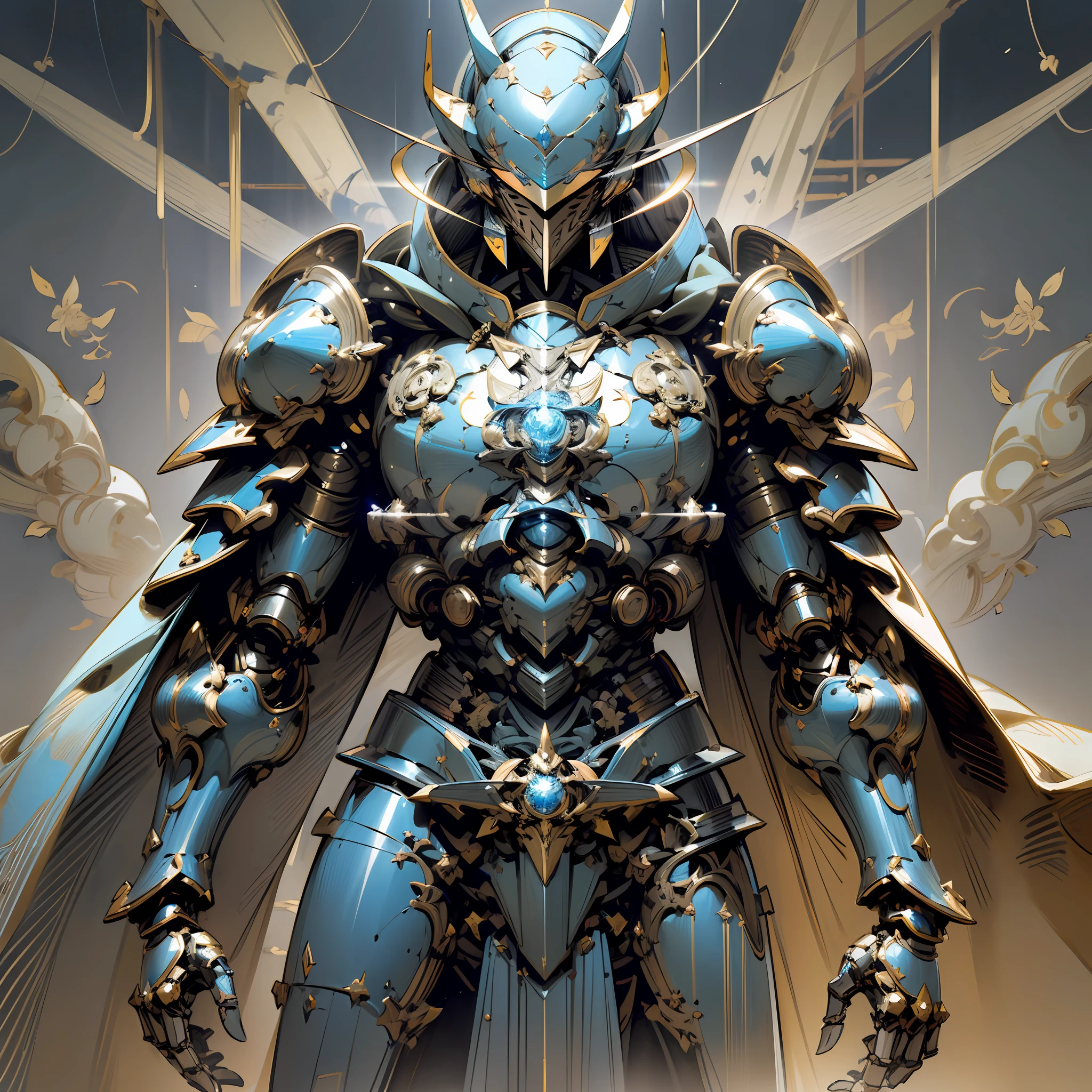 (Masterpiece, best quality:1.2),Anime knight,long English sword on the back, mechanical paladin, celestial knight,commanding the power of reality,black armour,blue outlines, wearing a cape, mechanical armour, mechanical marvel,highest quality digital art, Stunning art, wallpaper 4k,8k,64k, HD, unparalleled masterpiece, dynamic lighting, cinematic, epic