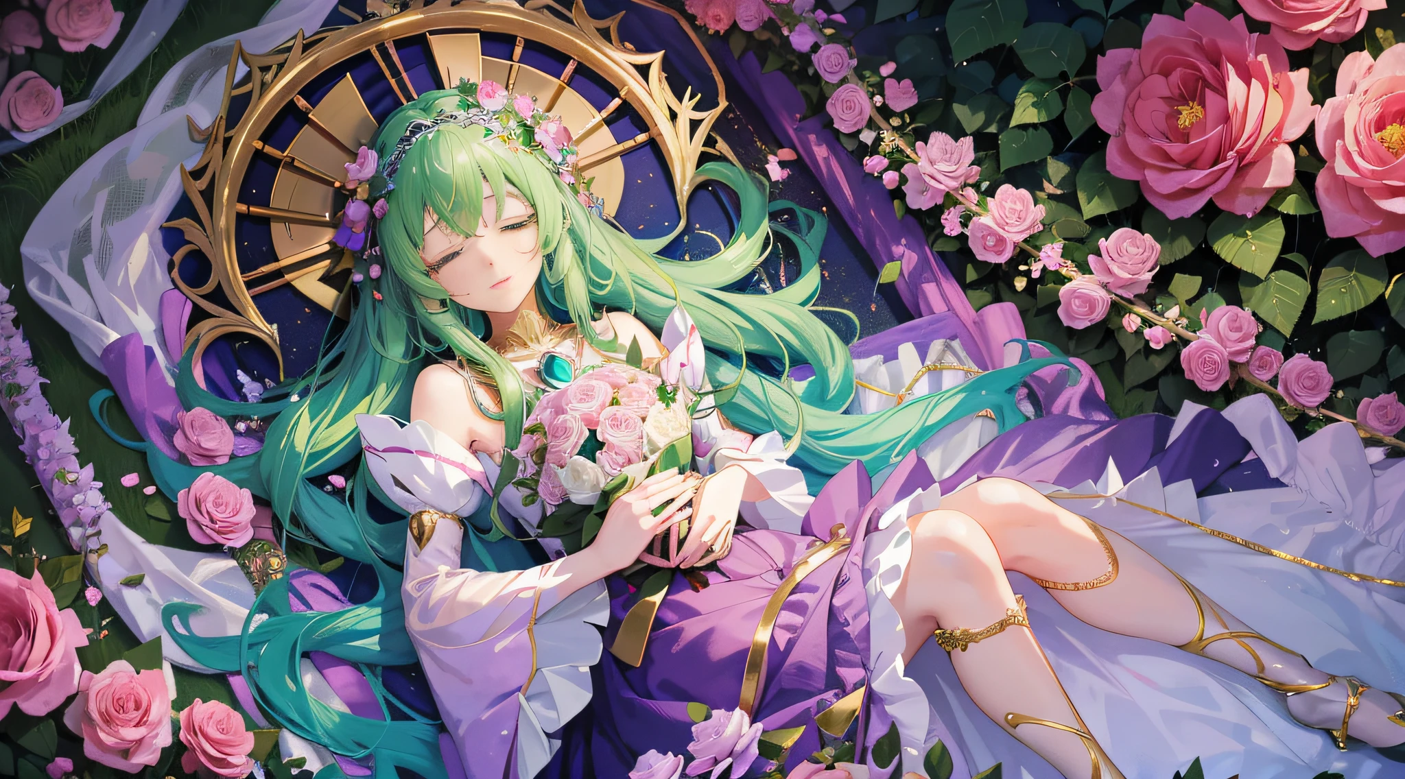 An anime girl with long light cyan hair and a gorgeous conservative princess dress, with bandages wrapped around her limbs and intricate gemstone ornaments on her head, sleeping in a half-open coffin, surrounded by many rose flowers, holding a green lantern in her arms, and a crying and laughing mask next to her face, the whole picture can expose all the girl