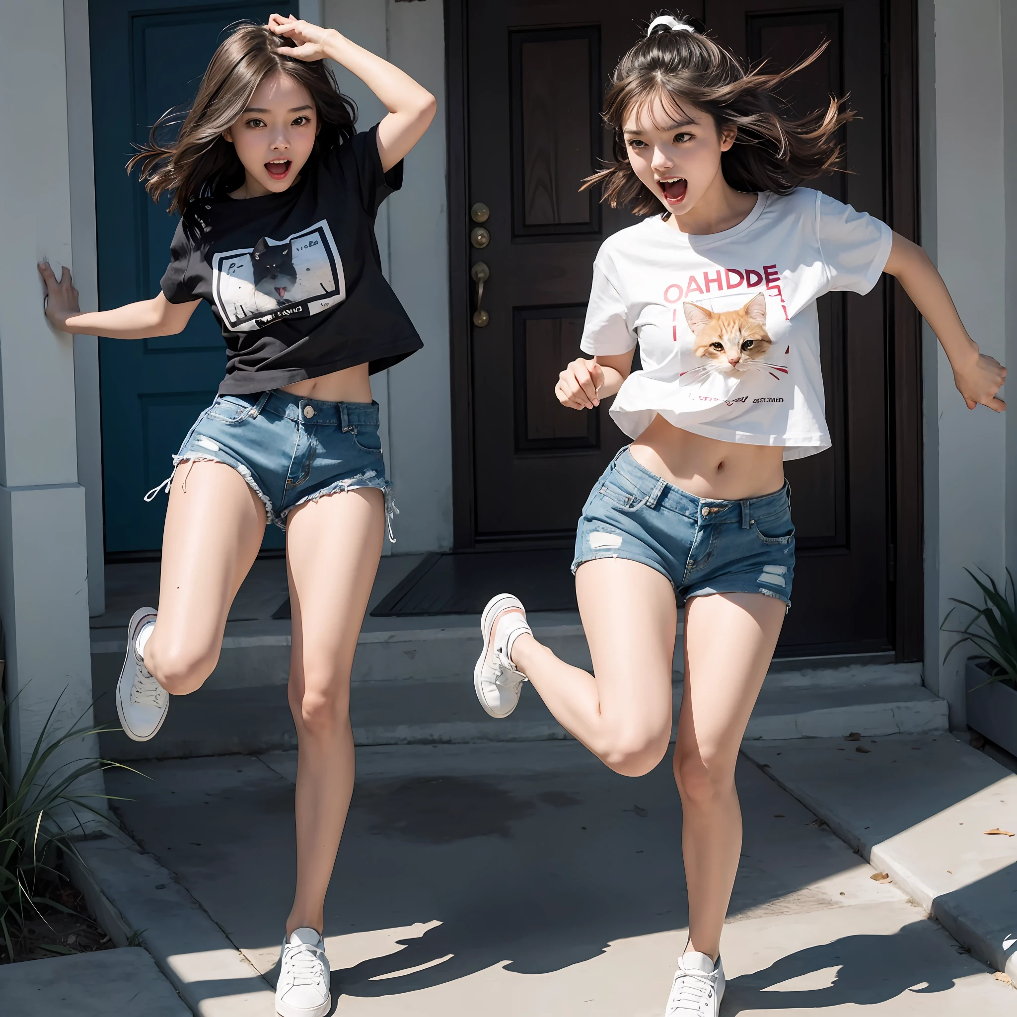 Kitten jumping, jumping up, screaming, young beautiful and cute, one girl, short t-shirt that makes you hungry, denim shorts