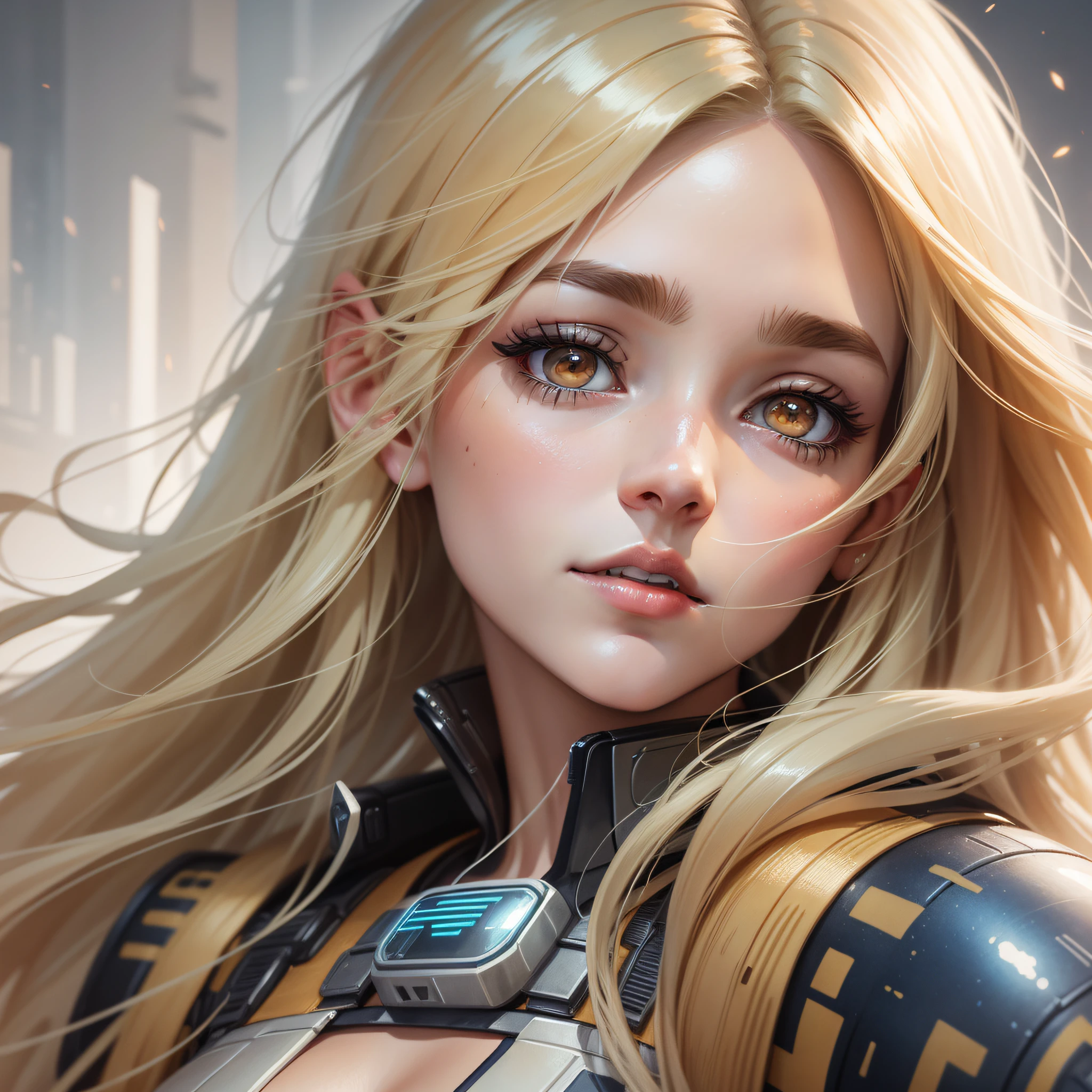 (brown eyes), Best Illustration, Detail, (Watercolor: 1.4), (Hand-drawn: 1.2), (Watercolor Brush Hair), Masterpiece, Official Art, Propaganda Art, White Bottom, Upper Body, Face Focus, Concept Art, Production Art, Machine, Reflection, Realistic, Cyberpunk, Symmetrical Front View Headshot Eye symmetry Face Very sharp focus ,shine,( long blonde hair), battlefield, chip, shine, portrait futuristic soldier girl, futuristic female portrait,