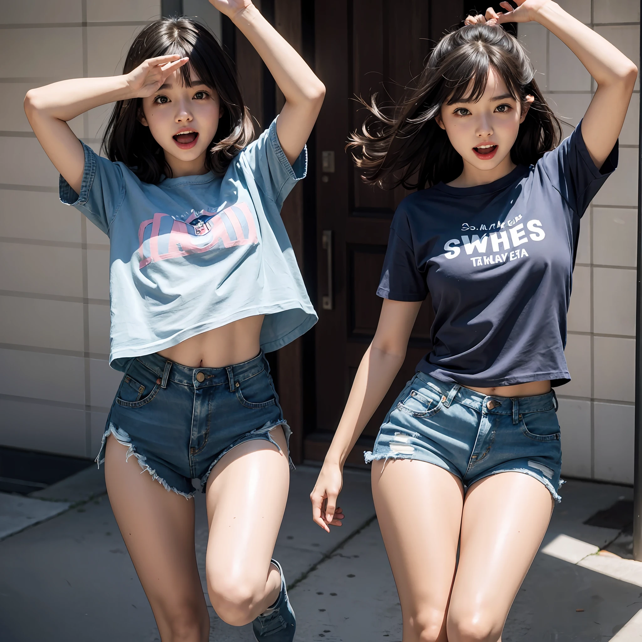 Kitten jumping, jumping up, screaming, young beautiful and cute, one girl, short t-shirt that makes you hungry, denim shorts