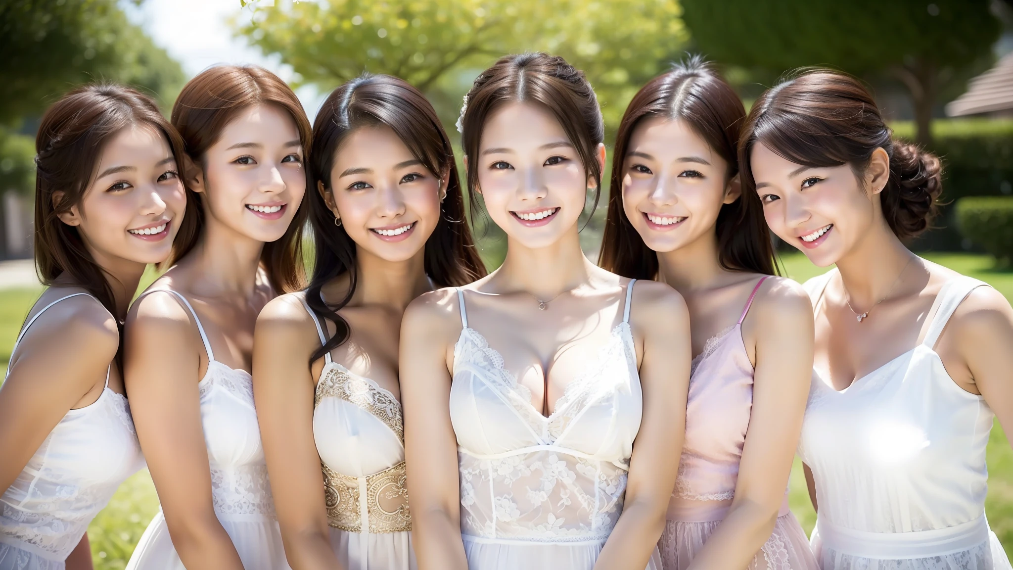 5 young women, oriental, idol, beauty, 15 years old, white lace camisole, smiling, body shot