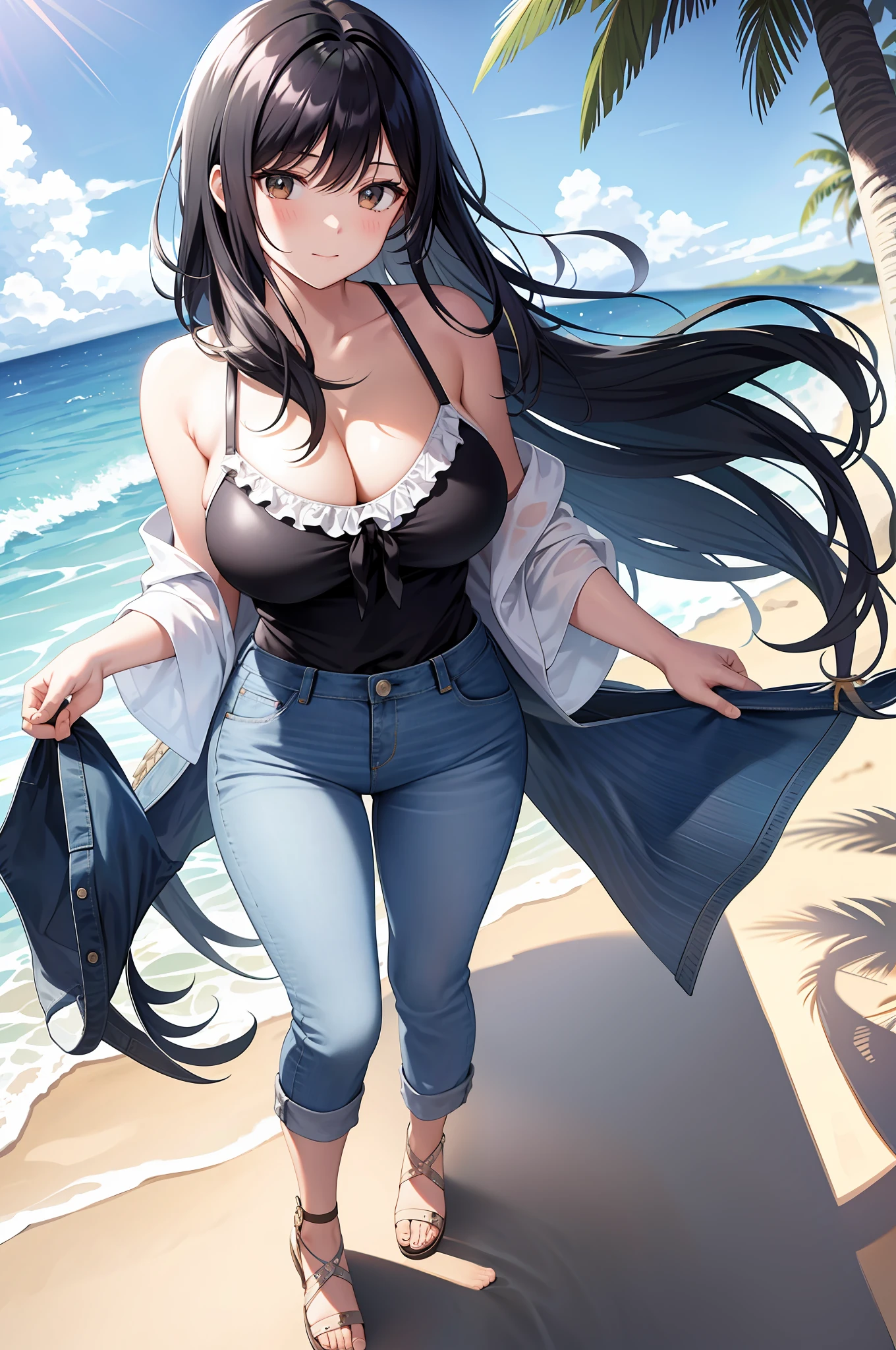 best illustration, beach, woman in jeans and getting swimsuit, big, black hair, disheveled hair