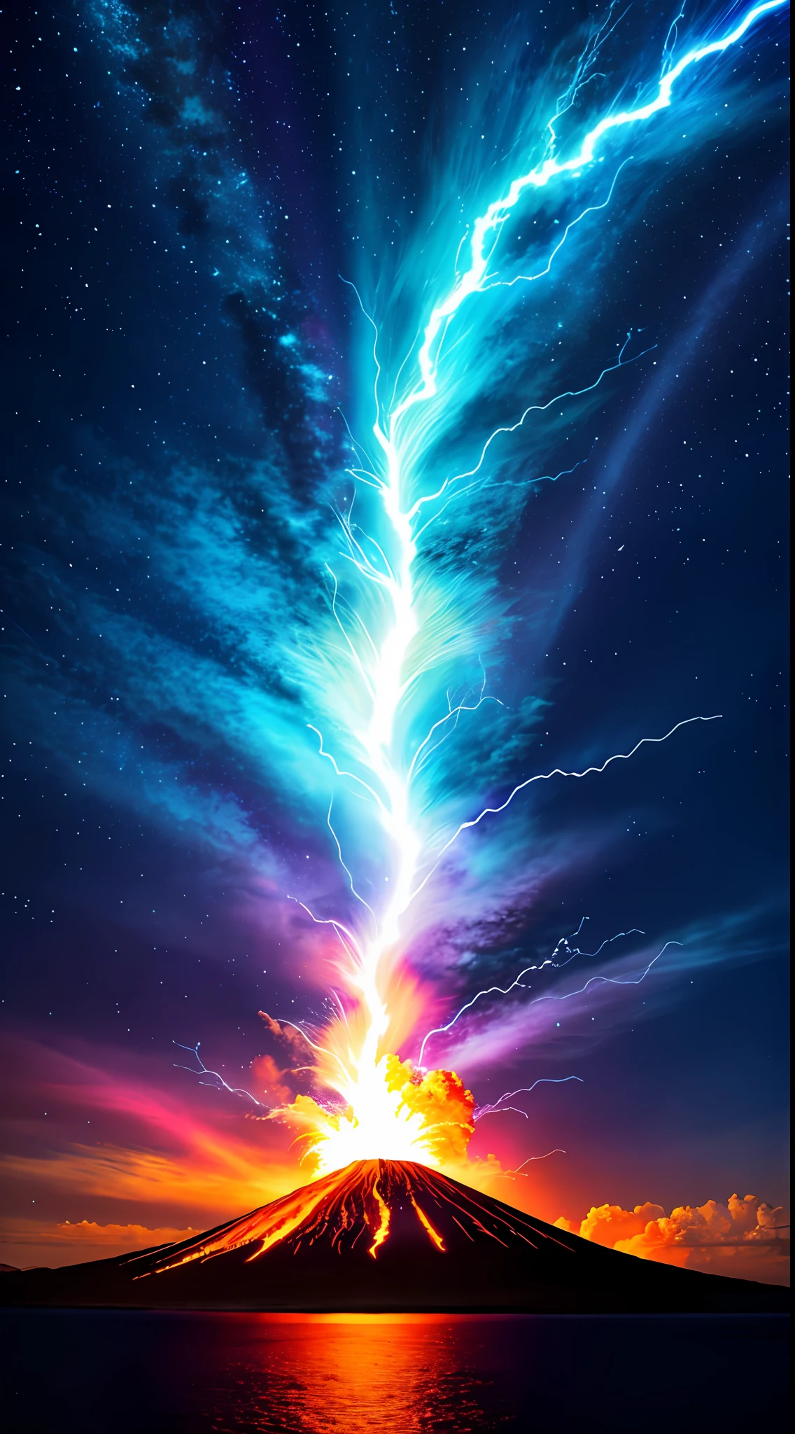dramatic sky, blue lightning Style: masterpiece, best quality, 8k, sharp focus, realistic, ((Detailed)), ((Dynamic pose)), ((Good Highlights)), (Perfect Proportions), (dynamic), (intricate), (complimentary colors), good perspective, (Professional), (Award winning)
ADDCOMM
volcanic island background
Red flame, soft particles, explosion
BREAK
green flame, soft particles, explosion
BREAK
blue flame, soft particles, explosion
volcanic island background