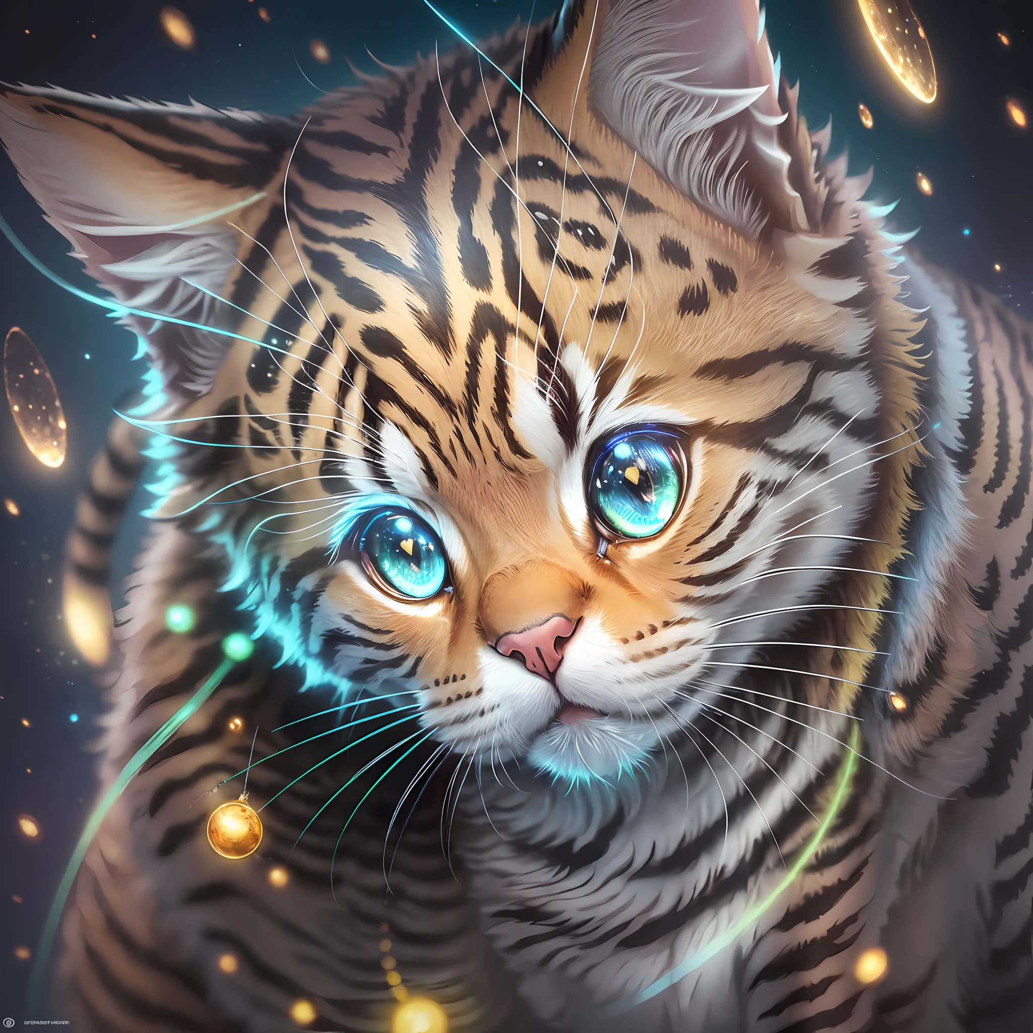 a cute cat, happy, fantasy!in the style of Otomo Katsuhiro, in a realistic hyper detailed render style, glow, yellow, bluezbrush, hyper-realistic oil, head close-up,exaggerated perspective, Tyndall effect, waterdrops,mother-of-pearliridescence,Holographic white,green background,realistic --q 5 --ar 9:16 --s 400 --auto --s2
