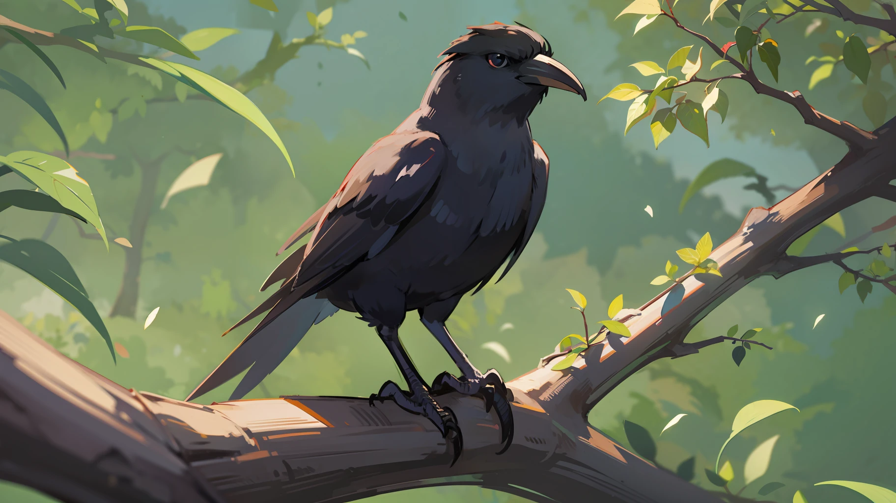 draw a crow bird, singing on a tree branch