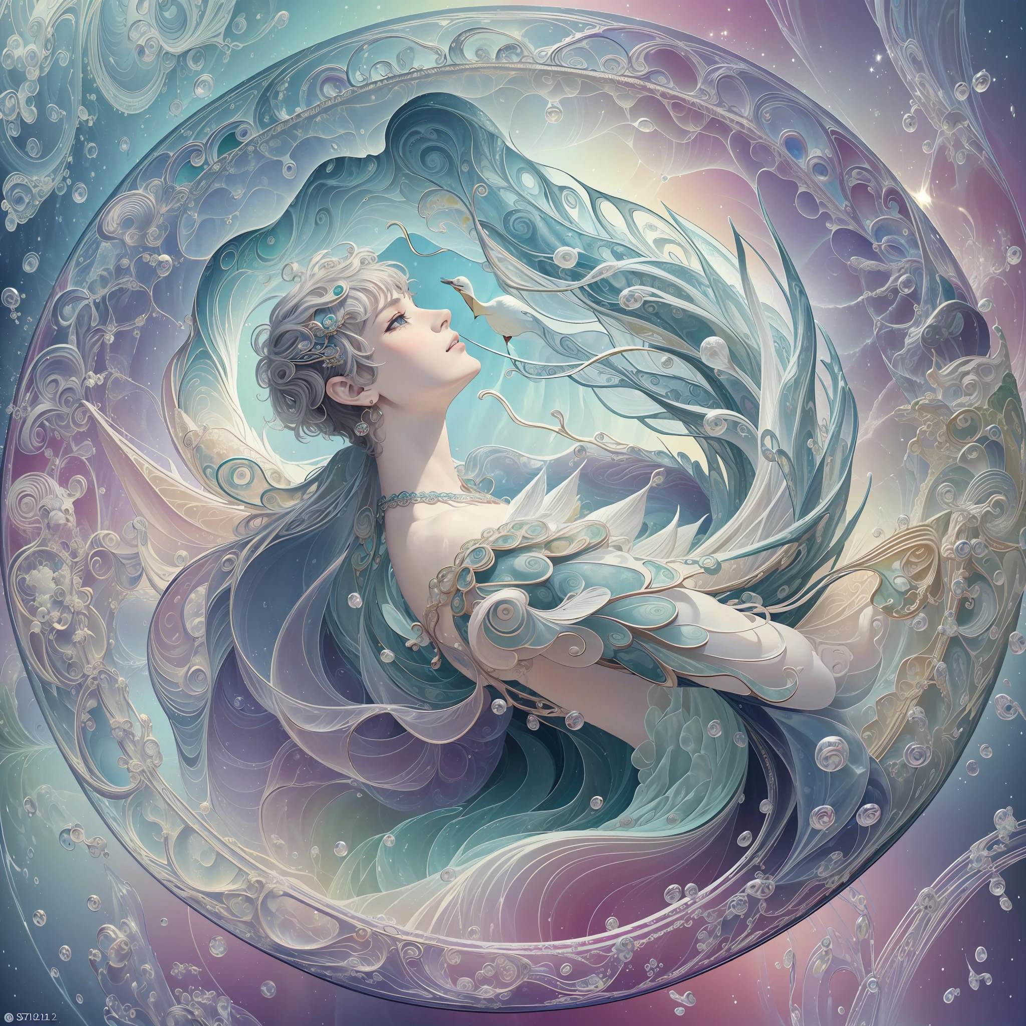 Realistic, (masterpiece, top quality, best quality, official art, beauty and aesthetics: 1.2), very detailed, fractal art, colorful, most detailed, zentangle, (abstract background: 1.5) (1boy: 1.3), a white goose, biting Hetian jade, jade luster, spread wings, beautiful feathers, --auto --s2