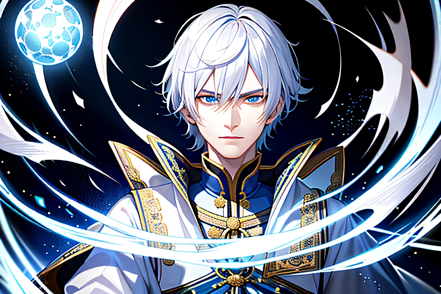 Young emperor, portrait, realistic, fantastic, intricate, short white hair, ice mage, wearing a white Taoist robe, intimidating in the palace, very detailed, digital painting, illustration, semi-realism, glowing blue eyes,