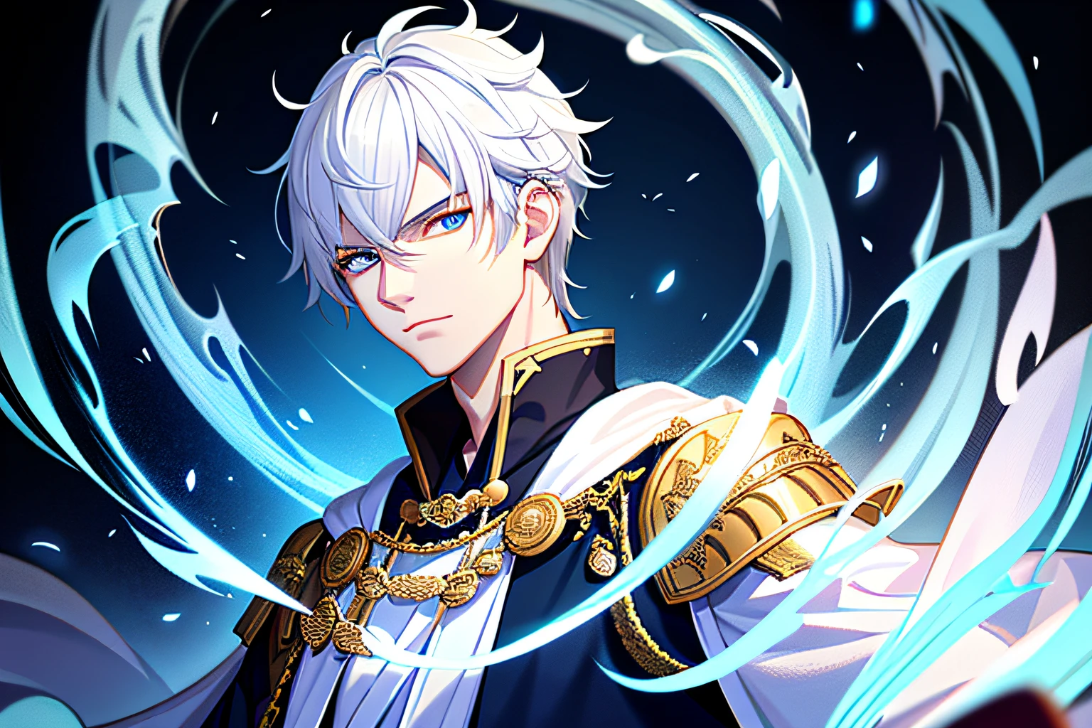 Young emperor, portrait, realistic, fantastic, intricate, short white hair, ice mage, wearing a white Taoist robe, intimidating in the palace, very detailed, digital painting, illustration, semi-realism, glowing blue eyes,