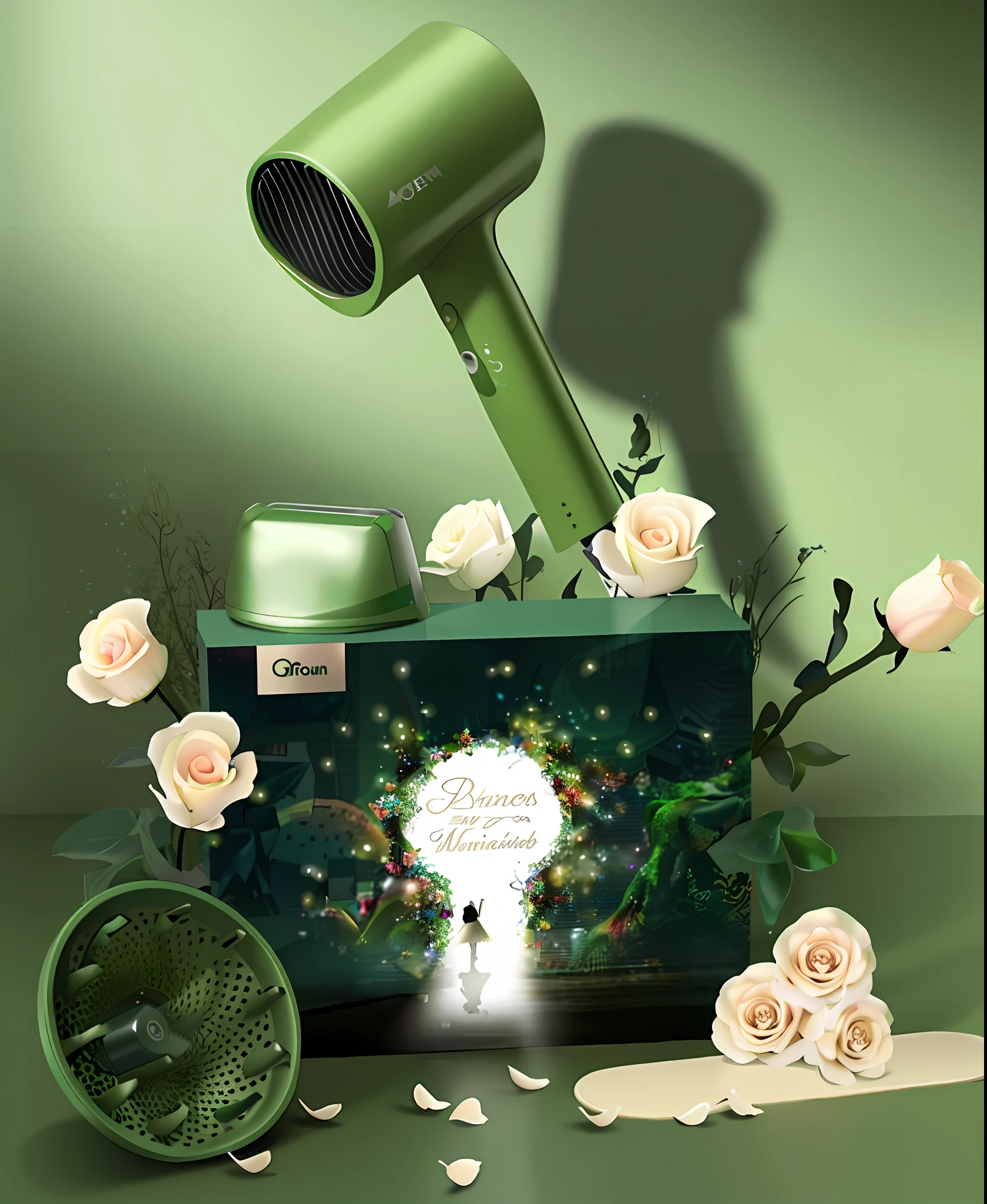 there is a green blow dryer sitting on top of a box, hairdryer, beautiful!!!!!!!!!!!!, professional product photography, beautifull, professional product photo, product photography, product advertisement, beutiful!, product introduction photos, handsome, high quality product photography, dramatic product photography, product introduction photo, an elegant green, #green, !!beautiful!!