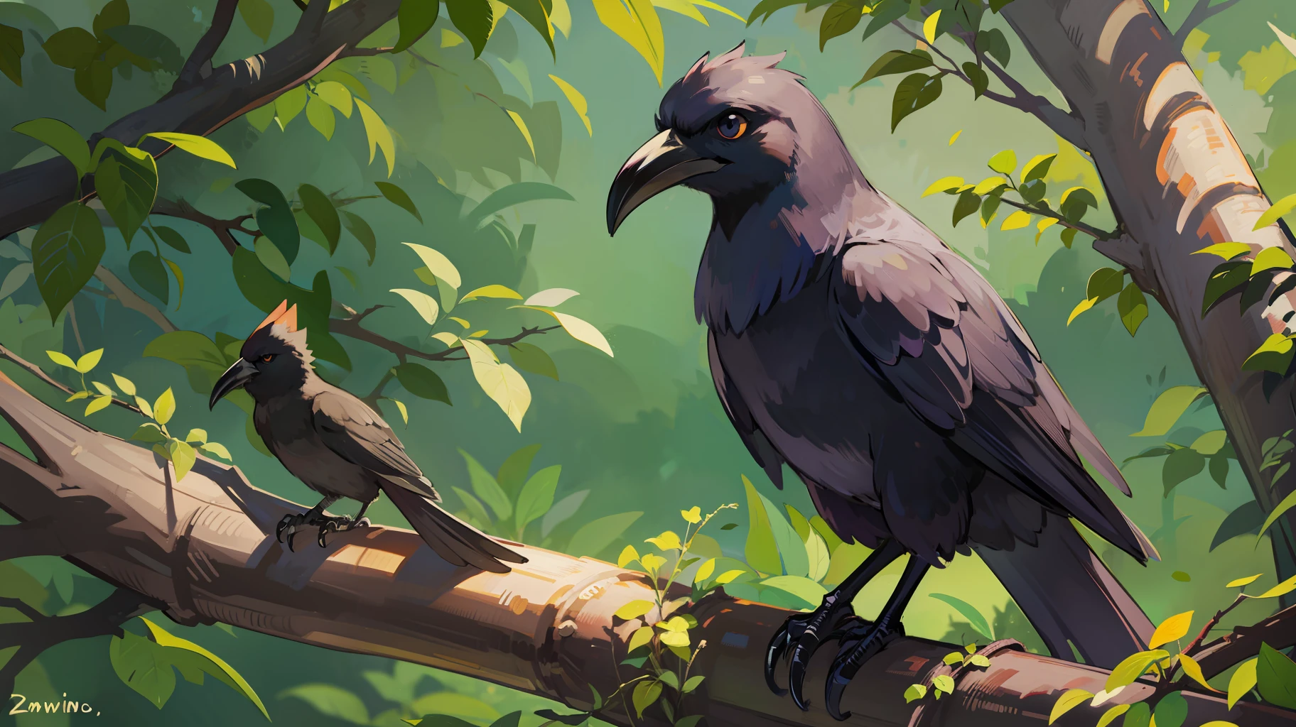 draw a crow bird, singing on a tree branch