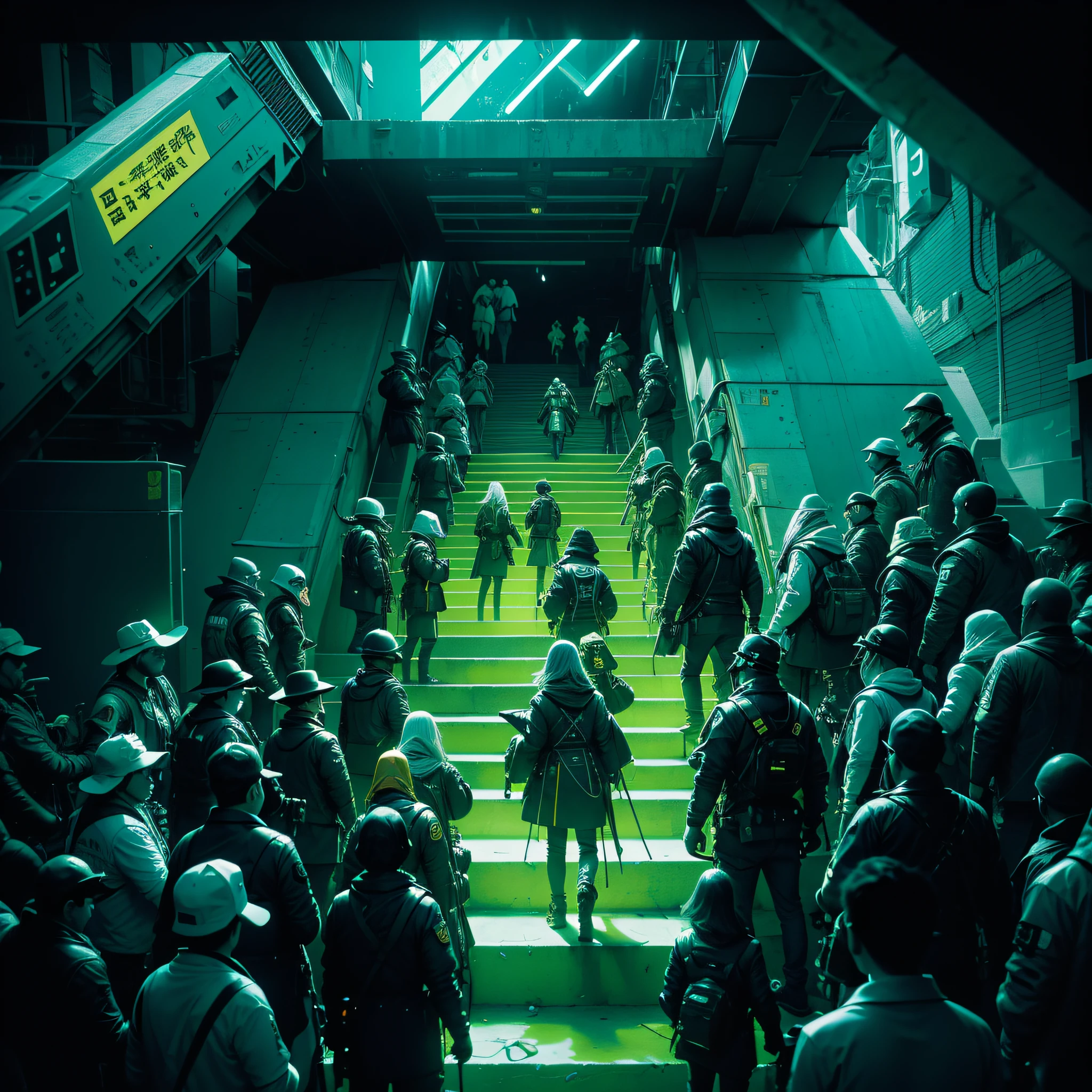 Photograph a neon-wrapped escalator ascending towards a portal of blinding light while a throng of people, all wearing different costumes, grow increasingly androgynous as they ascend the steps. The entire set should be captured in darkness, using only the light from the neon to add an otherworldly vibe to the image.