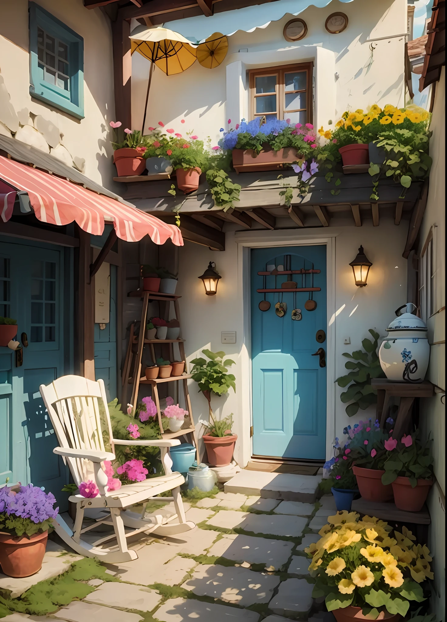 there is a blue door and a white chair in a courtyard, cottagecore!!, cute style garden, cottagecore, cottagecore flower garden, cozy cafe background, anime background art, 3 d stylize scene, cozy home background, studio ghibli aesthetic, flower shop scene, flowery cottage, summer afternoon
