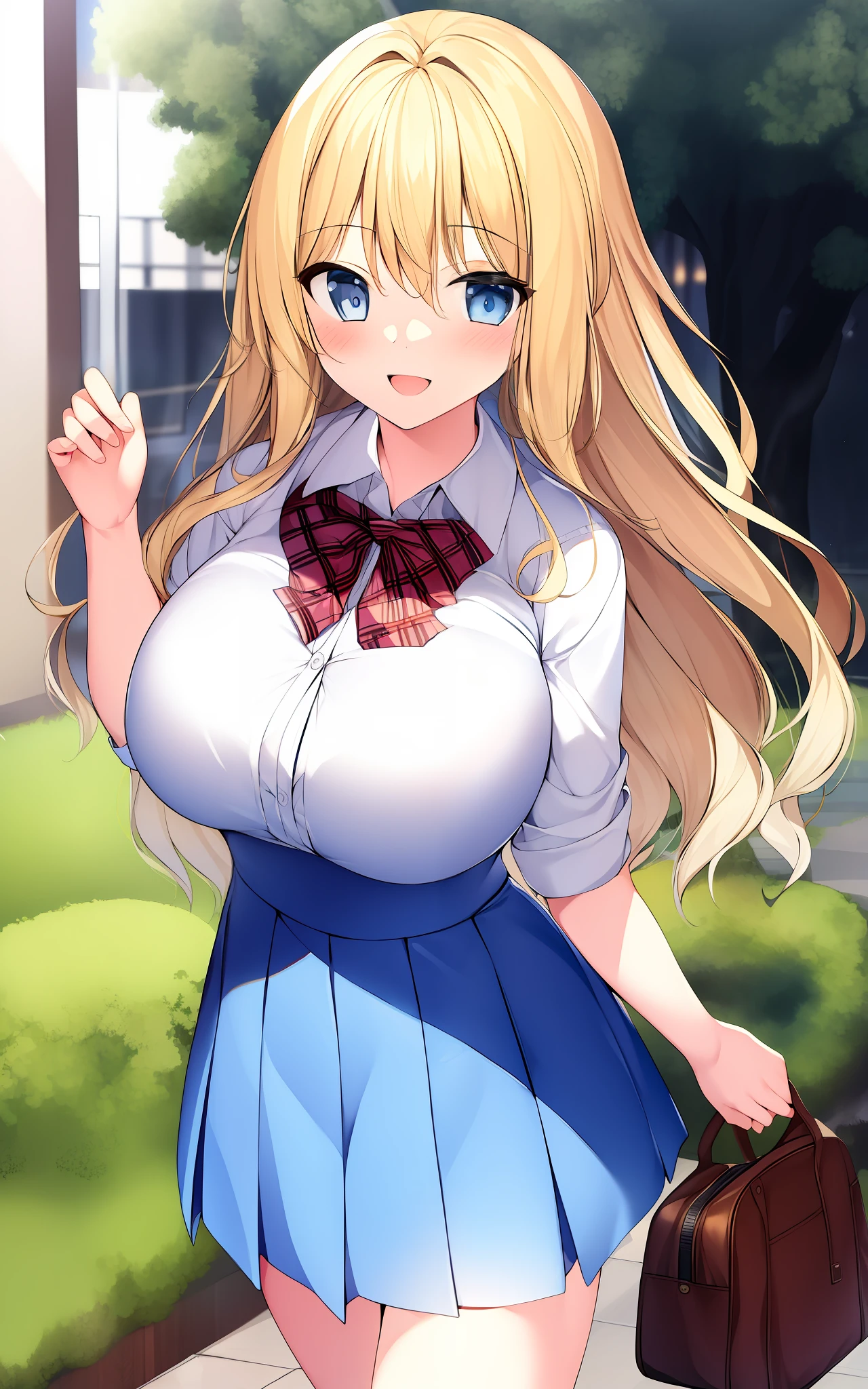 (masterpiece:1.3), 1 girl, solo, best quality, high quality, karory, blonde hair, long hair, wavy hair, (huge_breasts:1.5), school uniform, blue eyes, walking, smile