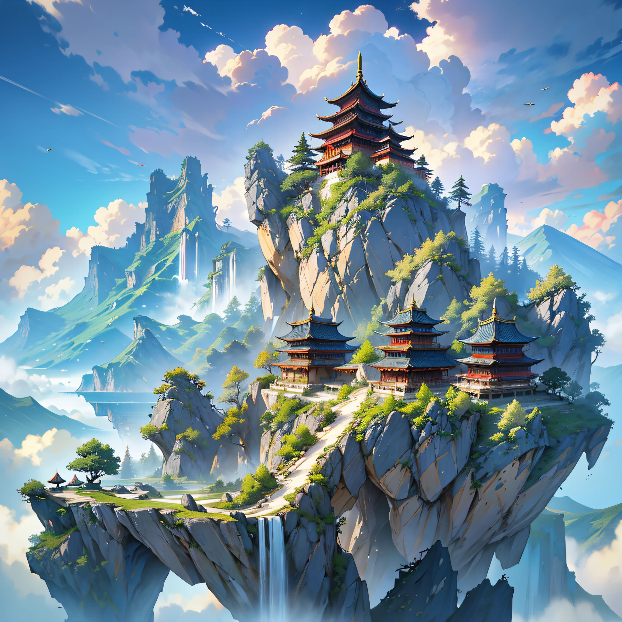 Ultra-clear details, there is a fairy mountain on the vast island, the mountain is tall, there are cliffs around, the mountain is full of ancient Chinese buildings, pavilions and pavilions, surrounded by clouds and mist, fairy air fluttering, movie lens sense composition, Tyndall light effect, ink style. --auto --s2