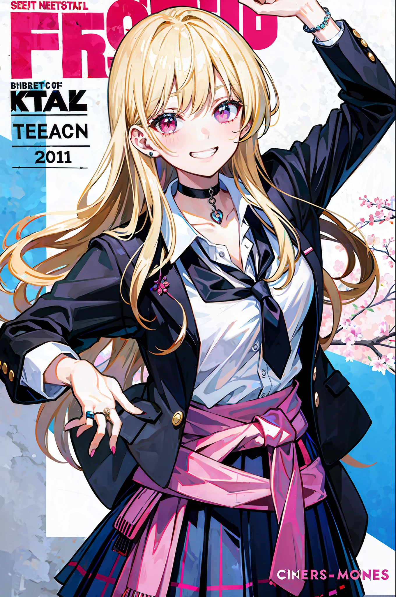 masterpiece, best quality, full body, 1girl, bangs, black choker, black necktie, blonde hair, blue skirt, blush, bracelet, breasts, choker, clothes around waist, collarbone, collared shirt, cowboy shot, dress shirt, ear piercing, eyebrows visible through hair, gradient hair, grin, gyaru, jewelry, kogal, long hair, looking at viewer, loose necktie, necktie, piercing, plaid, plaid skirt, pleated skirt, red eyes, ring, school uniform, shirt, skirt, smile, solo, white shirt, street, sky, cherry blossoms, petals,illustration, (magazine:1.3), (cover-style:1.3), fashionable, woman, vibrant, outfit, posing, front, colorful, dynamic, background, elements, confident, expression, holding, statement, accessory, majestic, coiled, around, touch, scene, text, cover, bold, attention-grabbing, title, stylish, font, catchy, headline, larger, striking, modern, trendy, focus, fashion,
