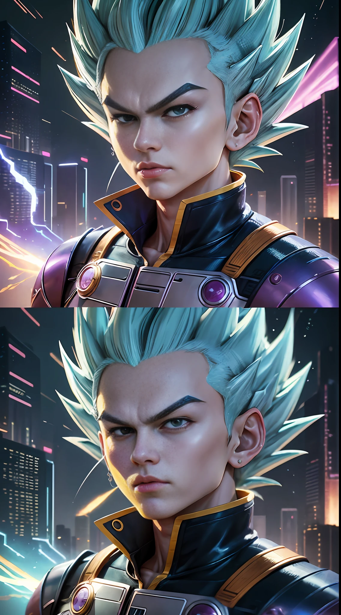 "Dragon Ball" + "Translucent Holographic Projection into the World of 2023", abstract, dreamy, Super Saiyan Vegeta, digital grid effects, complex environments, distortions, drawn by Katsuhiro Otomo, Akira Toriyama and Tetsuya Nomura, "perfect shadows", cinematic lighting, depth of field, Vray, volume lighting, center shot, dynamic pose, post Production, Professional Color Grading --auto --s2