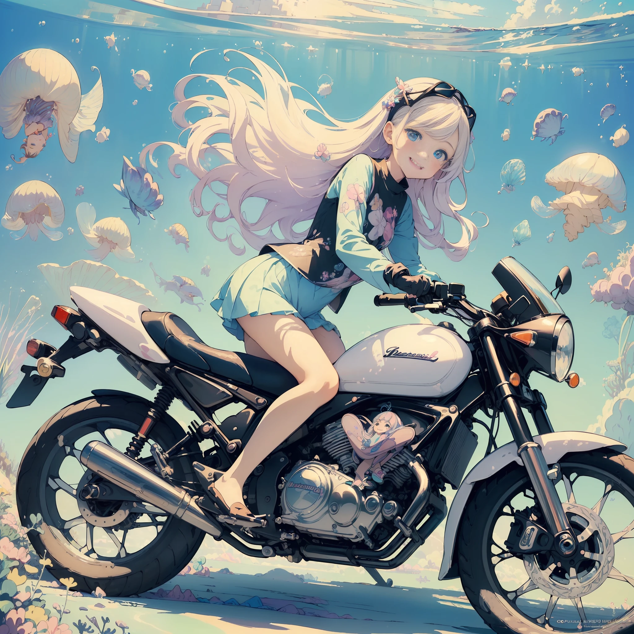(masterpiece, top quality, best quality, official art, beautiful and aesthetic,1girl,:1.5), girl riding motorcycle on the seabed, happy expression, (pastel color:1.5),(cute illustration:1.5),(fancy:1.5)white back ground,happy smile,bike, undersea, undersea, fish, jellyfish, 🏍 bubbles, splash