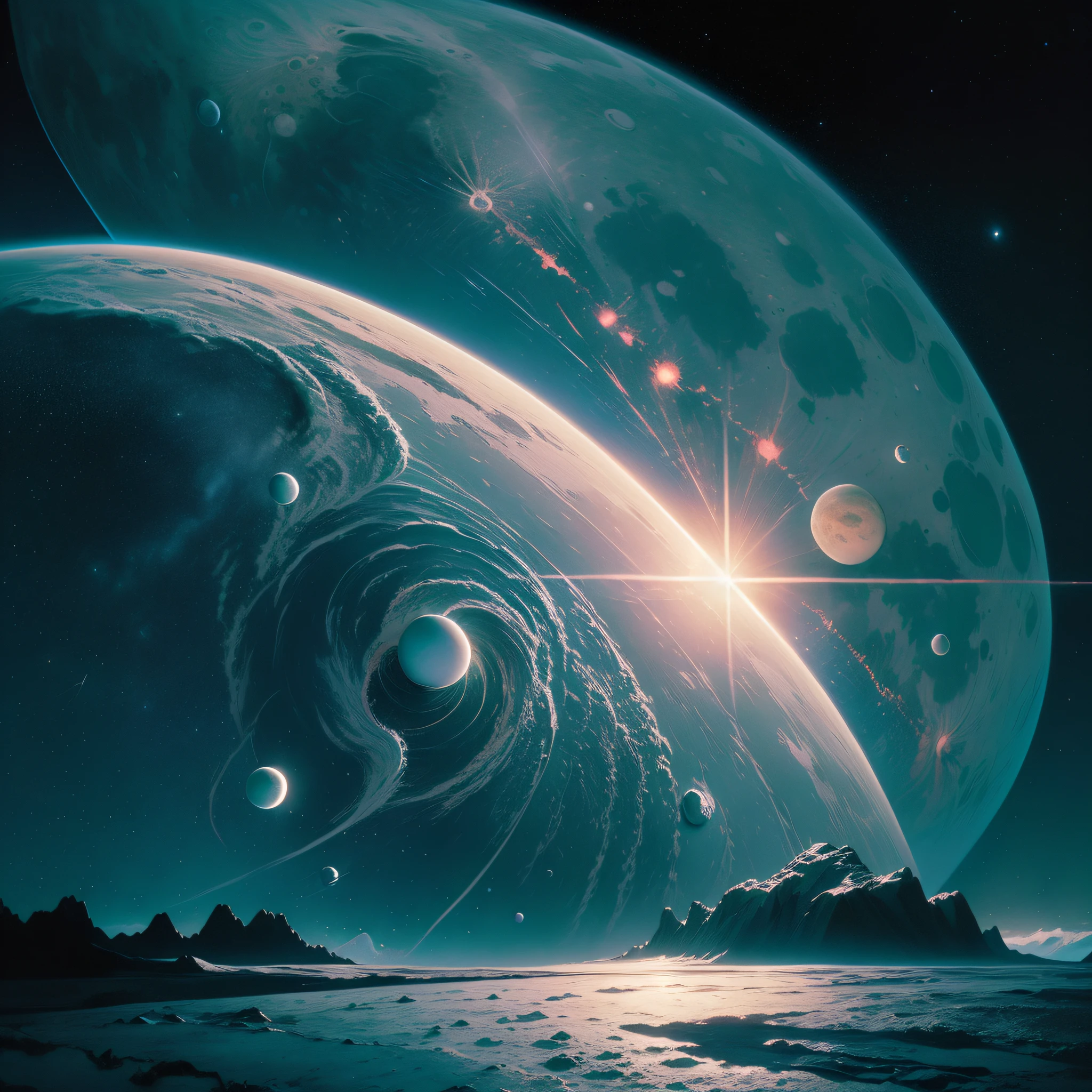 Create a photograph that captures a planetary moon orbiting a gas giant from the perspective of an approaching spacecraft. The image should be surreal and dreamlike, with a monochromatic color scheme highlighting the vastness of space. The spacecraft should be small against the expansive backdrop of the gas giant and the moon, highlighting the enormity of the cosmos. Light should be used to create an ethereal and awe-inspiring atmosphere, drawing the viewer into the expanse of the universe.