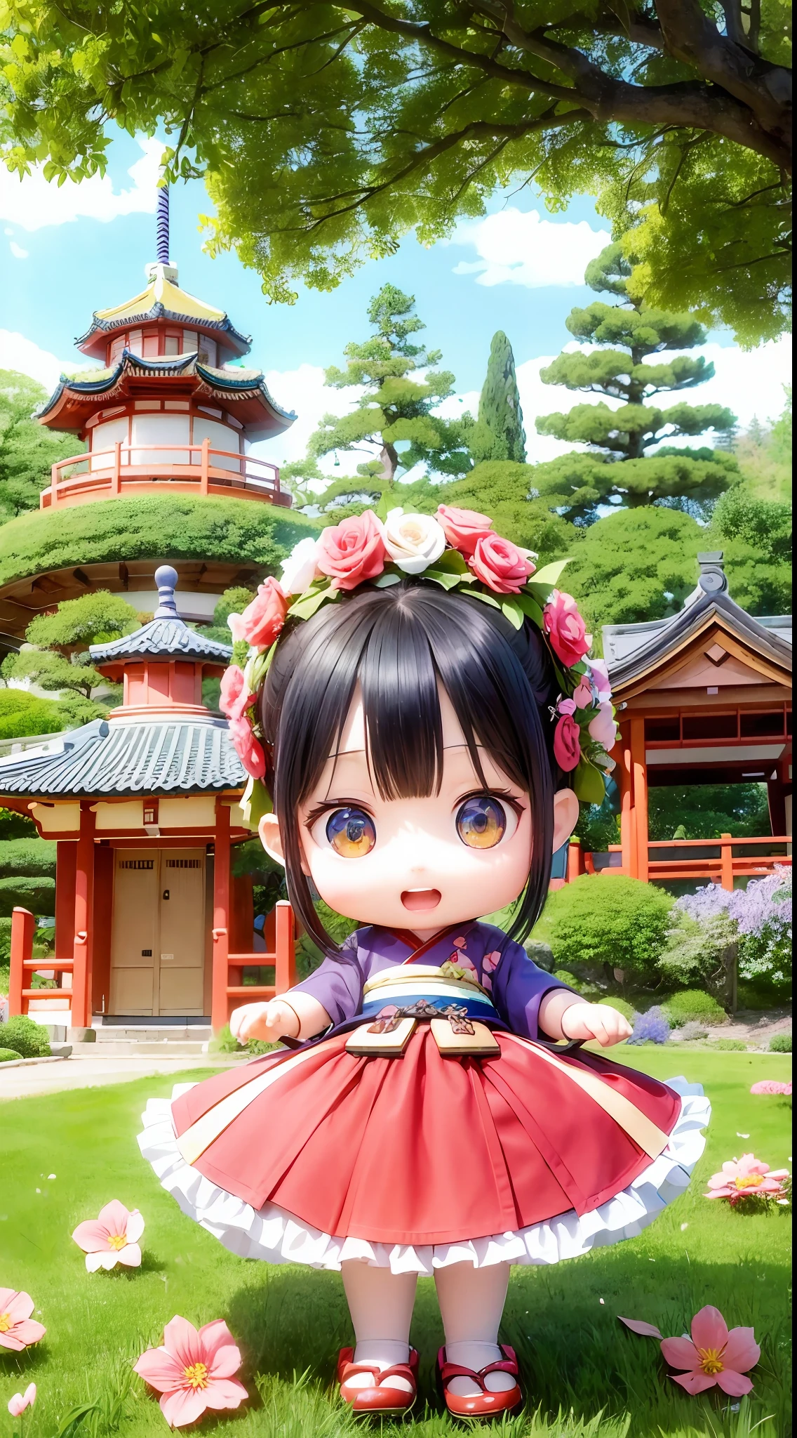 A garden painting of a Japanese anime that presents a fantastic view of a small town in Japanese art style and Chinese style. The picture shows benches and flowering trees, as well as beautiful peaceful scenes, creating aesthetic art and a cute atmosphere, while conveying the beauty and charm of Japanese towns and Chinese towns. --auto --s2