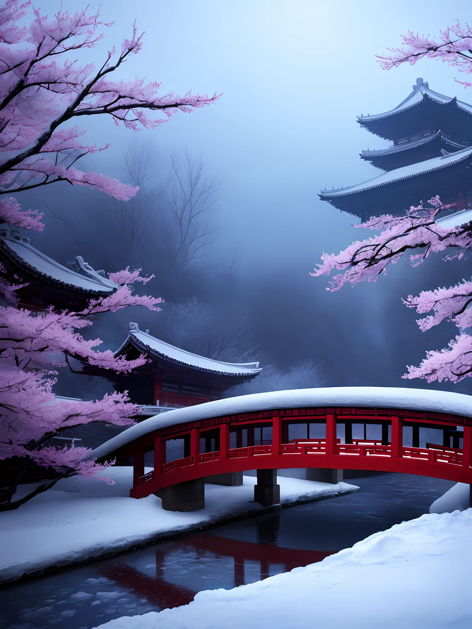 Snow scene with a bridge and a tree with red plum blossoms, ancient Chinese carved bridge, winter concept art, real, clear and beautiful digital artwork, background artwork, illustration! , beautiful artwork, winter scene fantasy, beautiful digital painting, winter painting, beautiful artwork illustration, landscape artwork, gorgeous digital painting, art illustration, stunning digital painting, very beautiful digital art