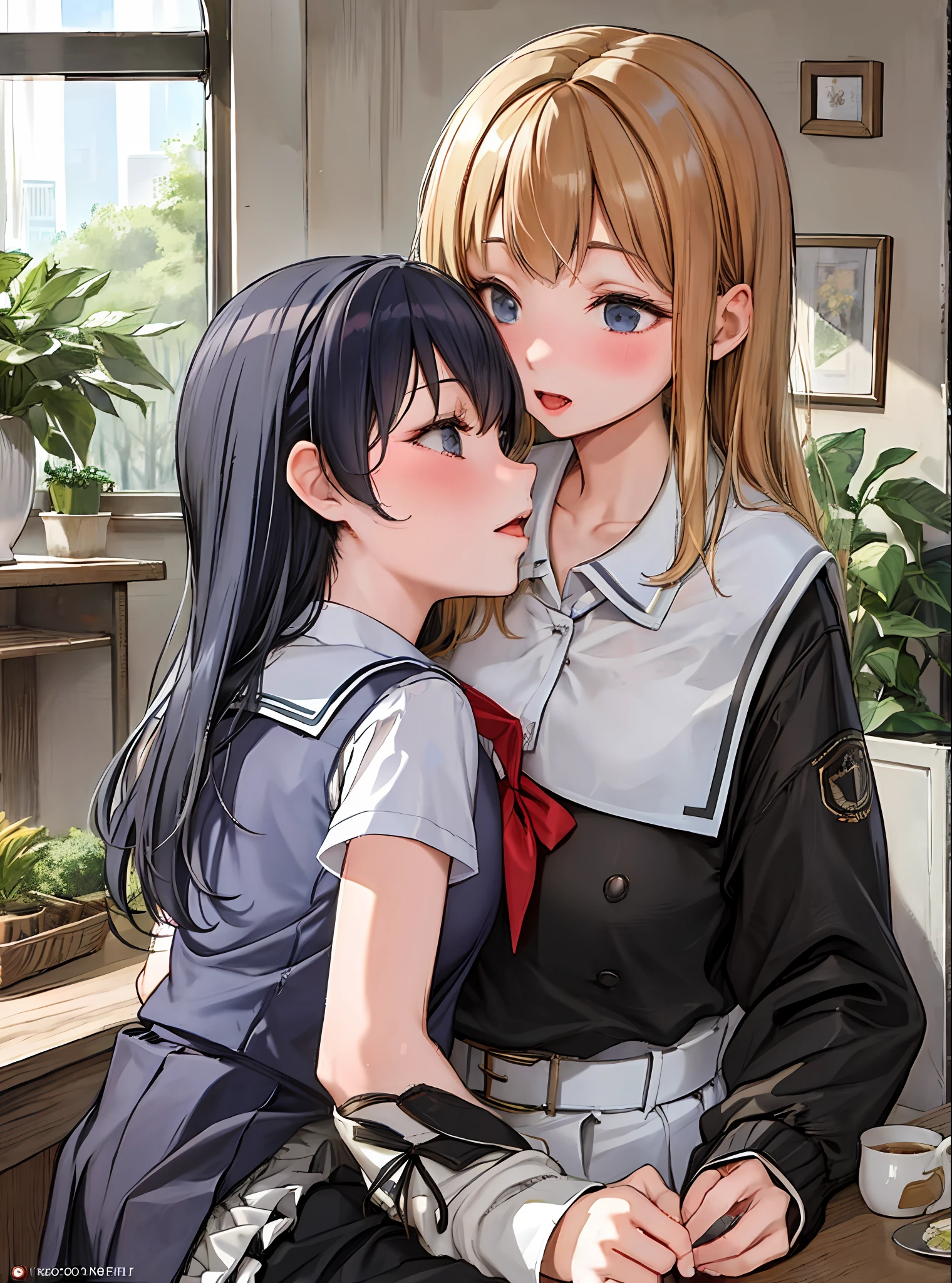 (Masterpiece: 1.4), boy and girl, kiss, school uniform, close-up