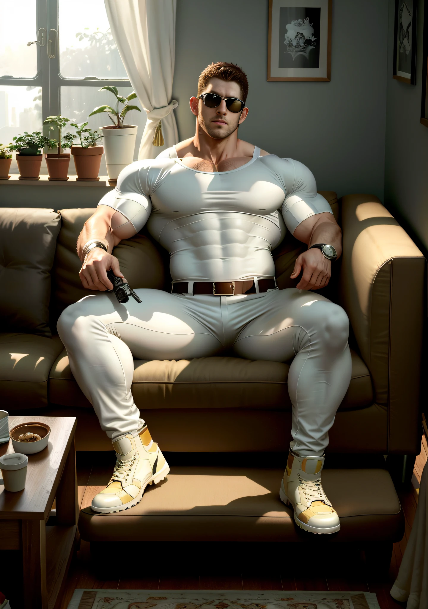 Movie poster, character design (Resident Evil - Chris Redfield) wearing smooth cream white spandex skinny, lying down and standing on soft sofa with sad expression, muscular male hero, heroic male pose, tall burly, muscular! Wearing sunglasses, sexy charming muscular leg muscles, tall burly and strong, smooth cream white spandex skinny, super gain and cool, high resolution committee, cream white combat boots, attractive strong men, blazing sunlight shining through the window