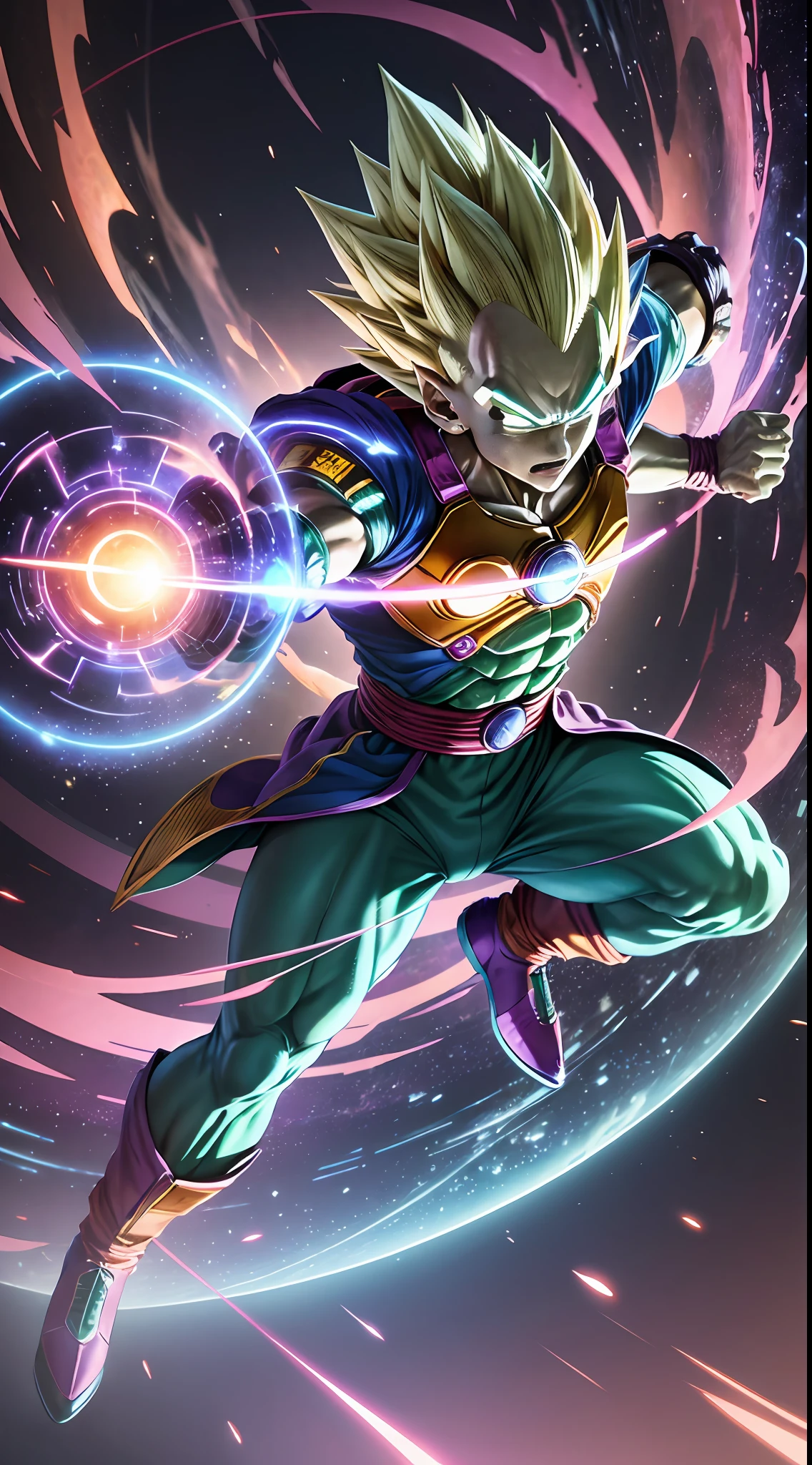 "Dragon Ball" + "Translucent Holographic Projection into the World of 2023", abstract, dreamy, Super Saiyan Vegeta, digital grid effects, complex environments, distortions, drawn by Katsuhiro Otomo, Akira Toriyama and Tetsuya Nomura, "perfect shadows", cinematic lighting, depth of field, Vray, volume lighting, center shot, dynamic pose, post Production, Professional Color Grading --auto --s2