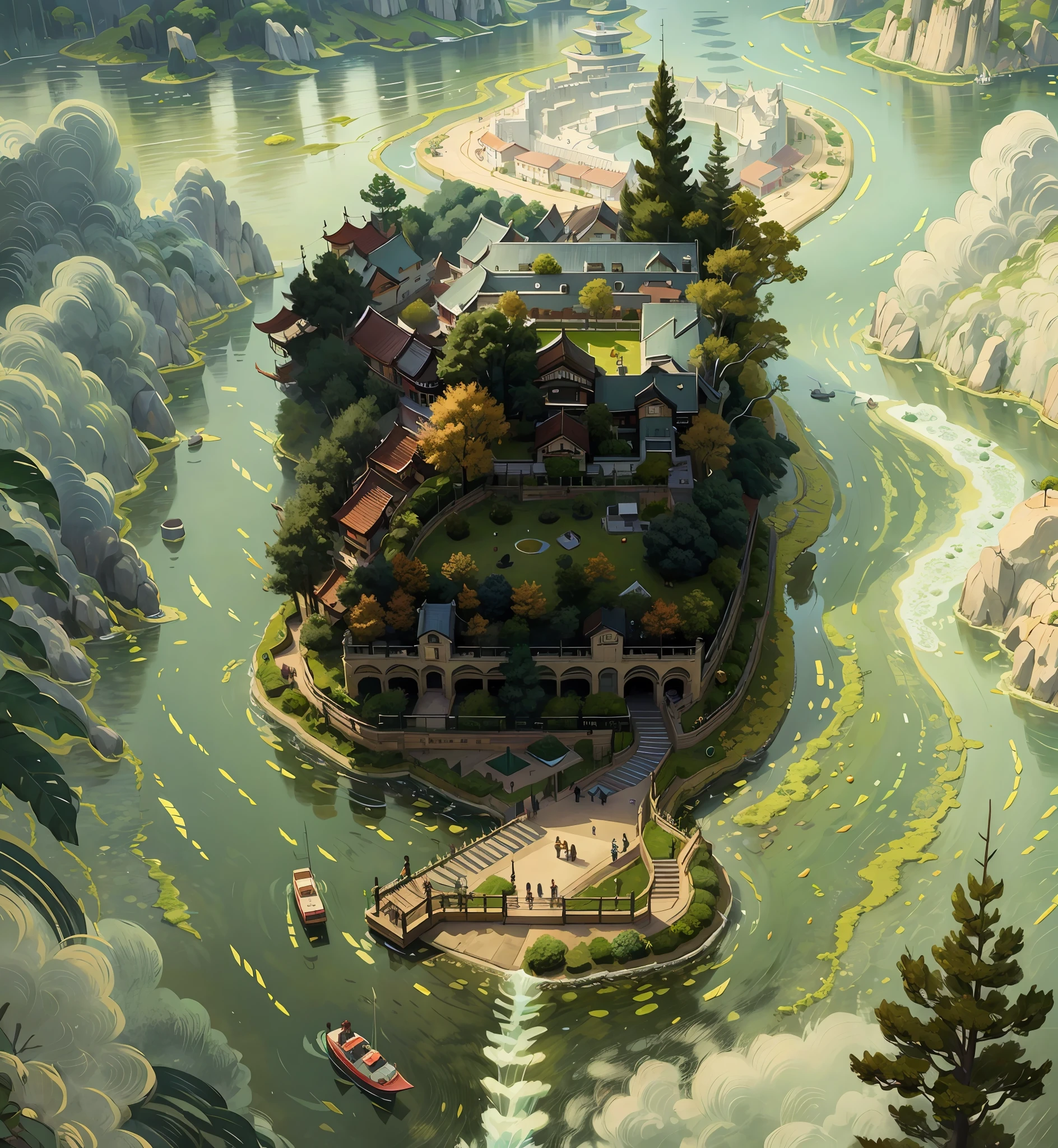 Official Art, Unified 8k Wallpaper, Ultra Detailed, Beautiful and Aesthetic, Masterpiece, Best Quality, School Campus, Urban Design, Aerial View, Greenery, River, Rich Colors,光影效果,黄色的树,蓝色的湖面