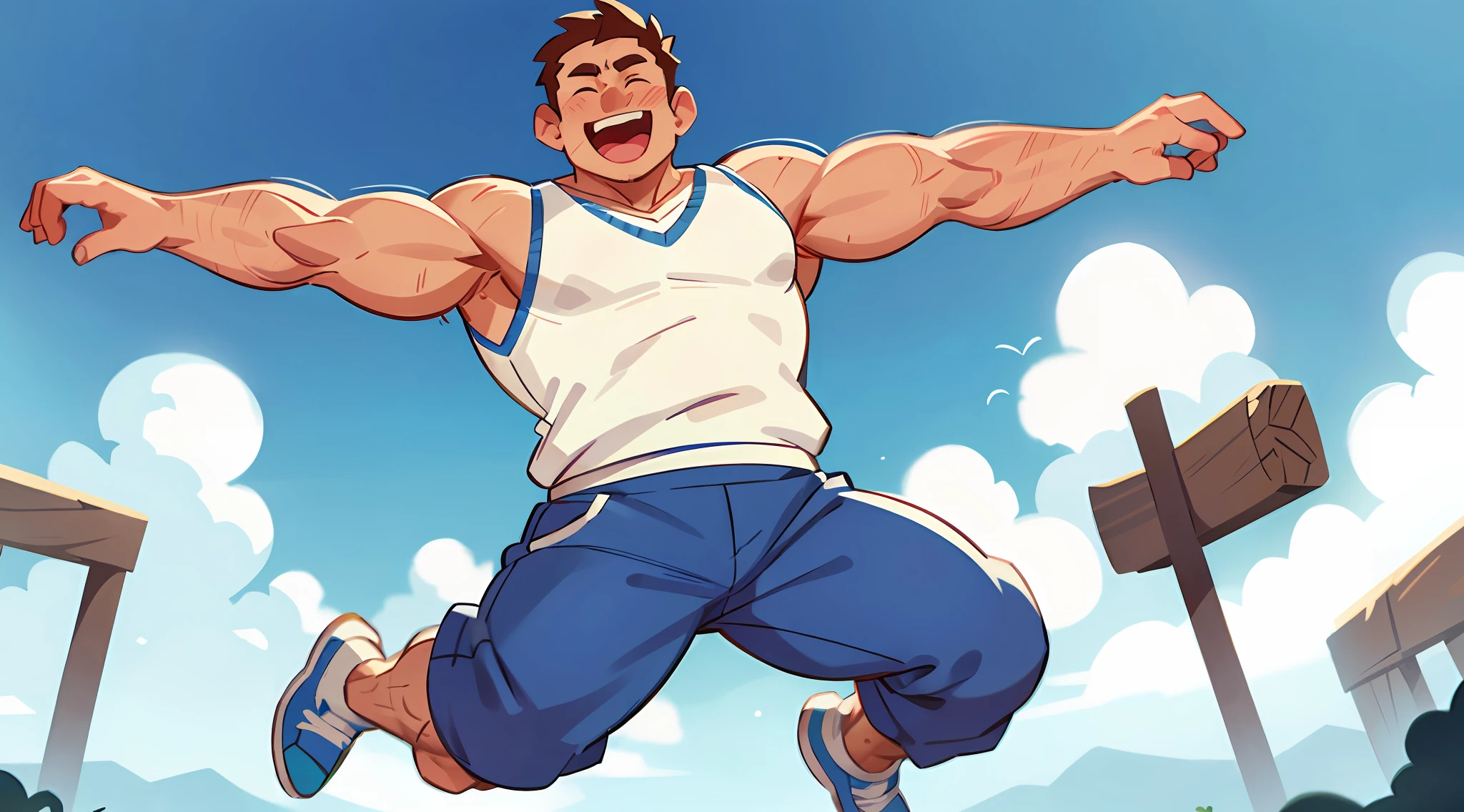 A 40-year-old uncle, muscular, wearing a white vest, blue trousers, happy, jumping up
