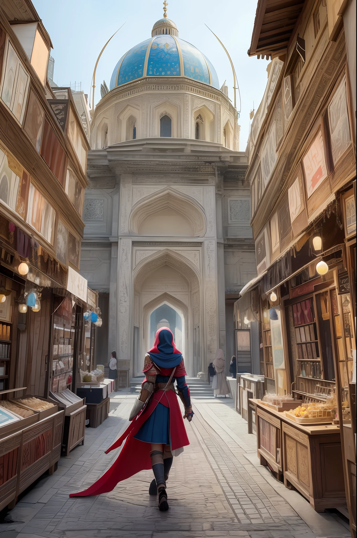 Create a stunning Assassin’s Creed Concept Art piece in the style of ultra-realistic, ultra-detailed visuals. Depict a young and graceful girl wearing traditional Persian clothing, complete with a hood, as she navigates through the vibrant bazaar of a bustling Persian town. Capture the intricate details of the architecture, the rich textures of the fabrics, and the vivid colors of the market stalls, transporting viewers to a vivid and immersive world