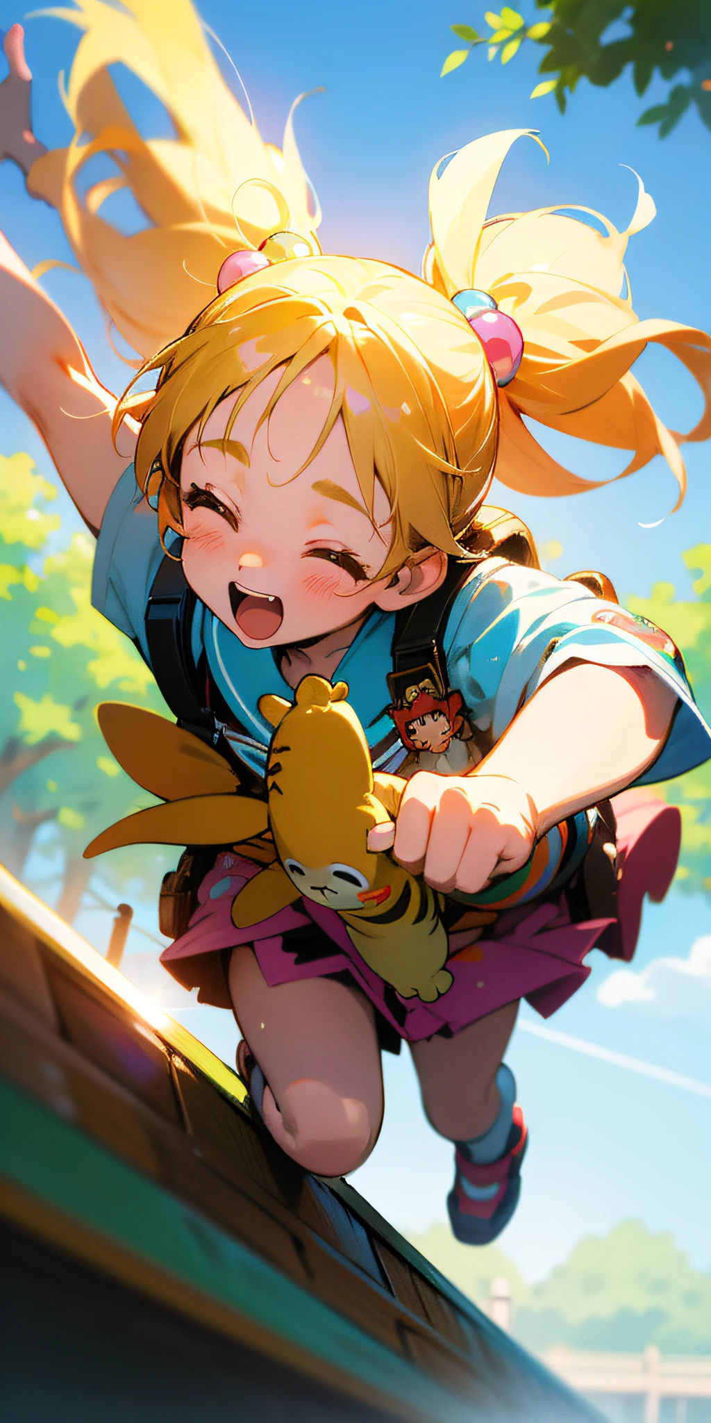 3D,close upin the style of hyper - realistic pop,sunny day,beautiful sunlight, at the zoo,A girl is jumping,by Hikari Shimoda,anime art --ar 2:3 --niji 5 --s 400
