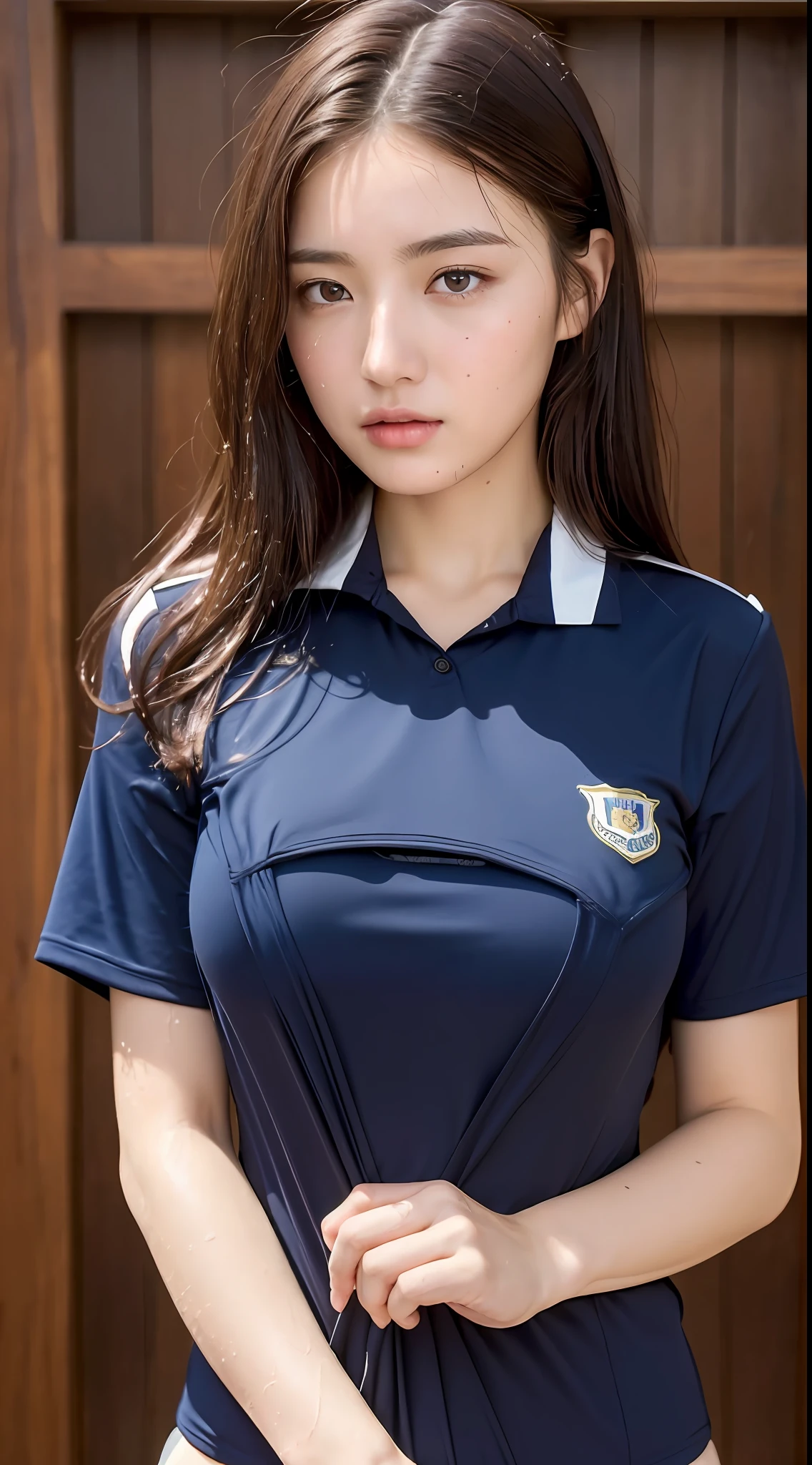 ((Top Quality, 8K, Masterpiece: 1.3)), Beautiful woman with perfect figure: 1.4, Dark brown hair, big, exposed cleavage, Shirt in uniform (shirt lift: 1.4), (School swimsuit), Highly detailed face and skin texture, Detailed eyes, Double eyelids, Wet body: 1.2, wet face