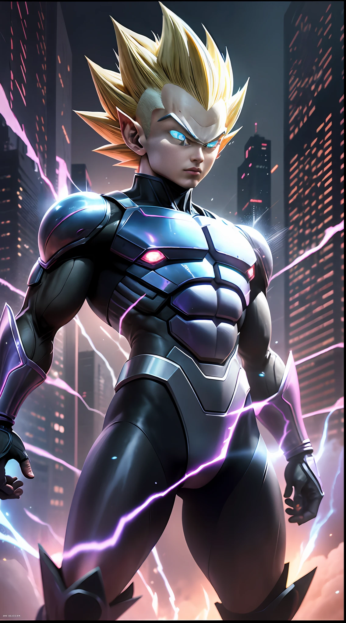 "Dragon Ball" + "Translucent Holographic Projection into the World of 2023", abstract, dreamy, Super Saiyan Vegeta, digital grid effects, complex environments, distortions, drawn by Katsuhiro Otomo, Akira Toriyama and Tetsuya Nomura, "perfect shadows", cinematic lighting, depth of field, Vray, volume lighting, center shot, dynamic pose, post Production, Professional Color Grading --auto --s2