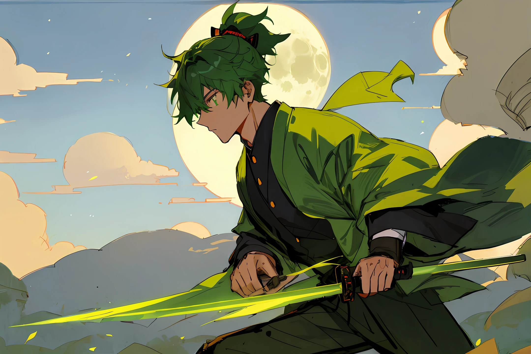 A green-haired boy, dressed in a samurai suit with a bright moon in the background, is drawing a sword