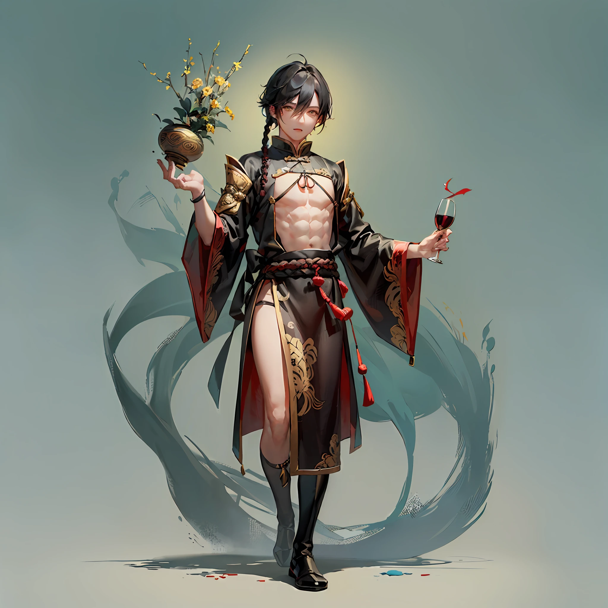 (Painting style: Chinese style), (Subject: male charlatan, short black hair + small braids, wearing a new Chinese Taoist costume, with a wine gourd hanging from the waist), (yellow rune paper is pasted all over the body) --auto --s2