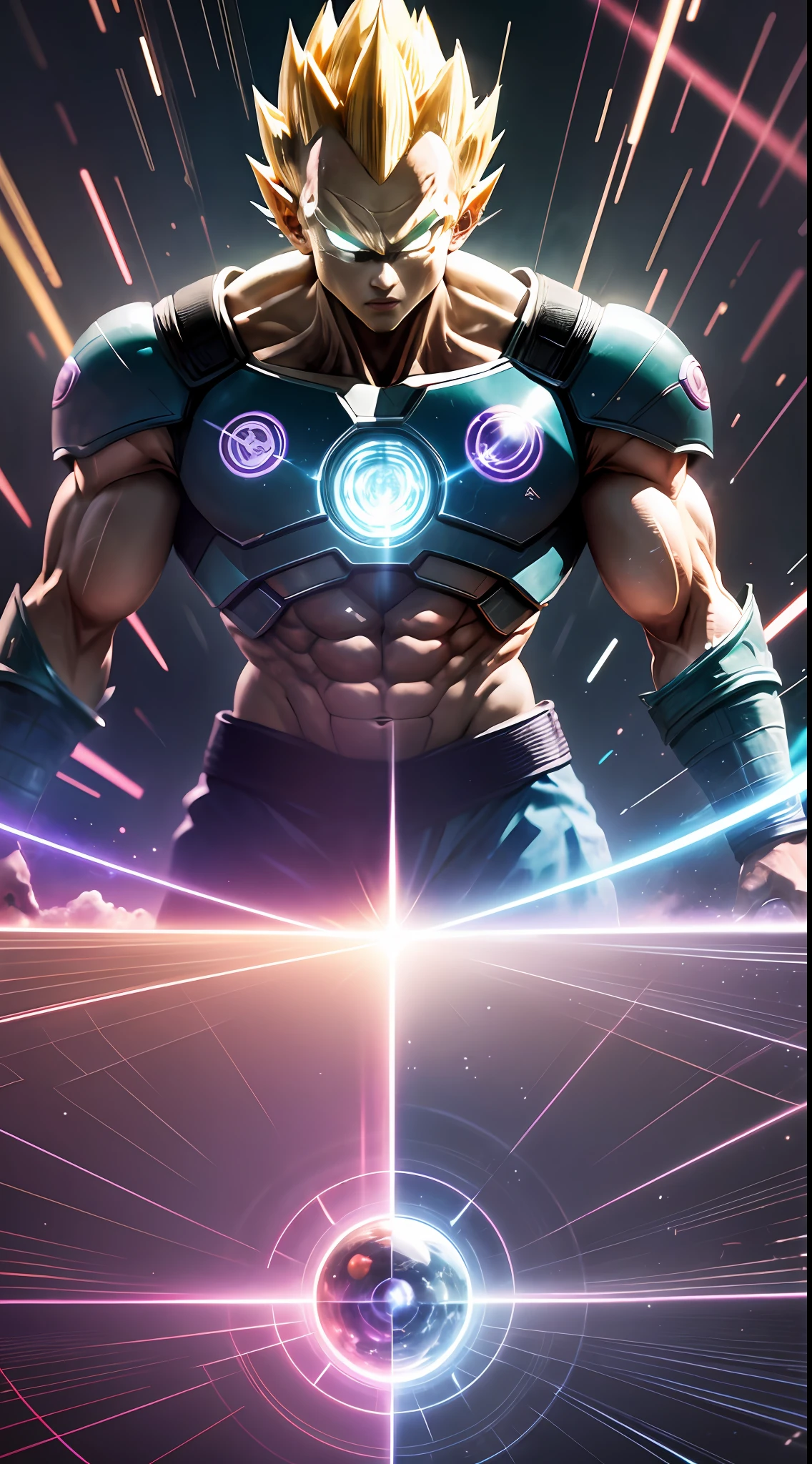 "Dragon Ball" + "Translucent Holographic Projection into the World of 2023", abstract, dreamy, Super Saiyan Vegeta, digital grid effects, complex environments, distortions, drawn by Katsuhiro Otomo, Akira Toriyama and Tetsuya Nomura, "perfect shadows", cinematic lighting, depth of field, Vray, volume lighting, center shot, dynamic pose, post Production, Professional Color Grading --auto --s2