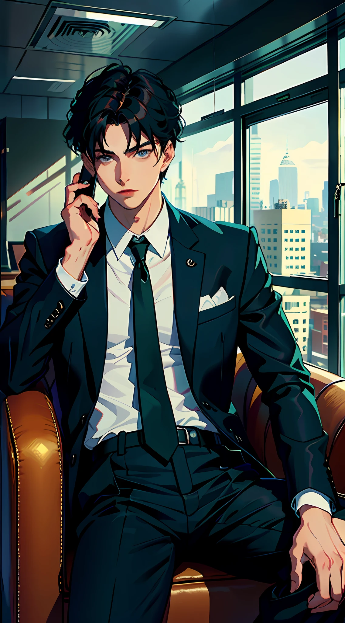 A handsome boy, 20 years old, sits on a luxury sofa in the office, behind a floor-to-ceiling window, a serious face, hair is middle, wearing a black suit and shirt, and holding a mobile phone in his hand