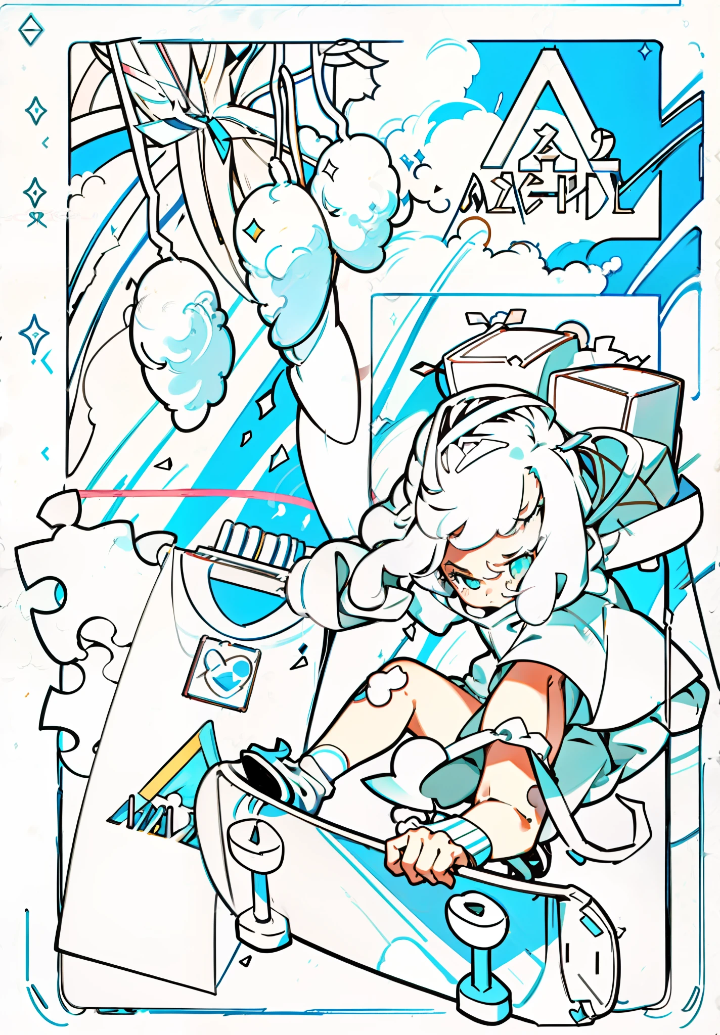 coloring page of a girl with a skateboard and a kite, color page, bold lineart, [ conceptual art ]!!, comic page, clean lineart, clean anime outlines, comic artstyle, lineart, thick lineart, comic art ”, 2d art cover, crisp 8 k line art, clean lineart and flat color, sketchy artstyle, zine cover
