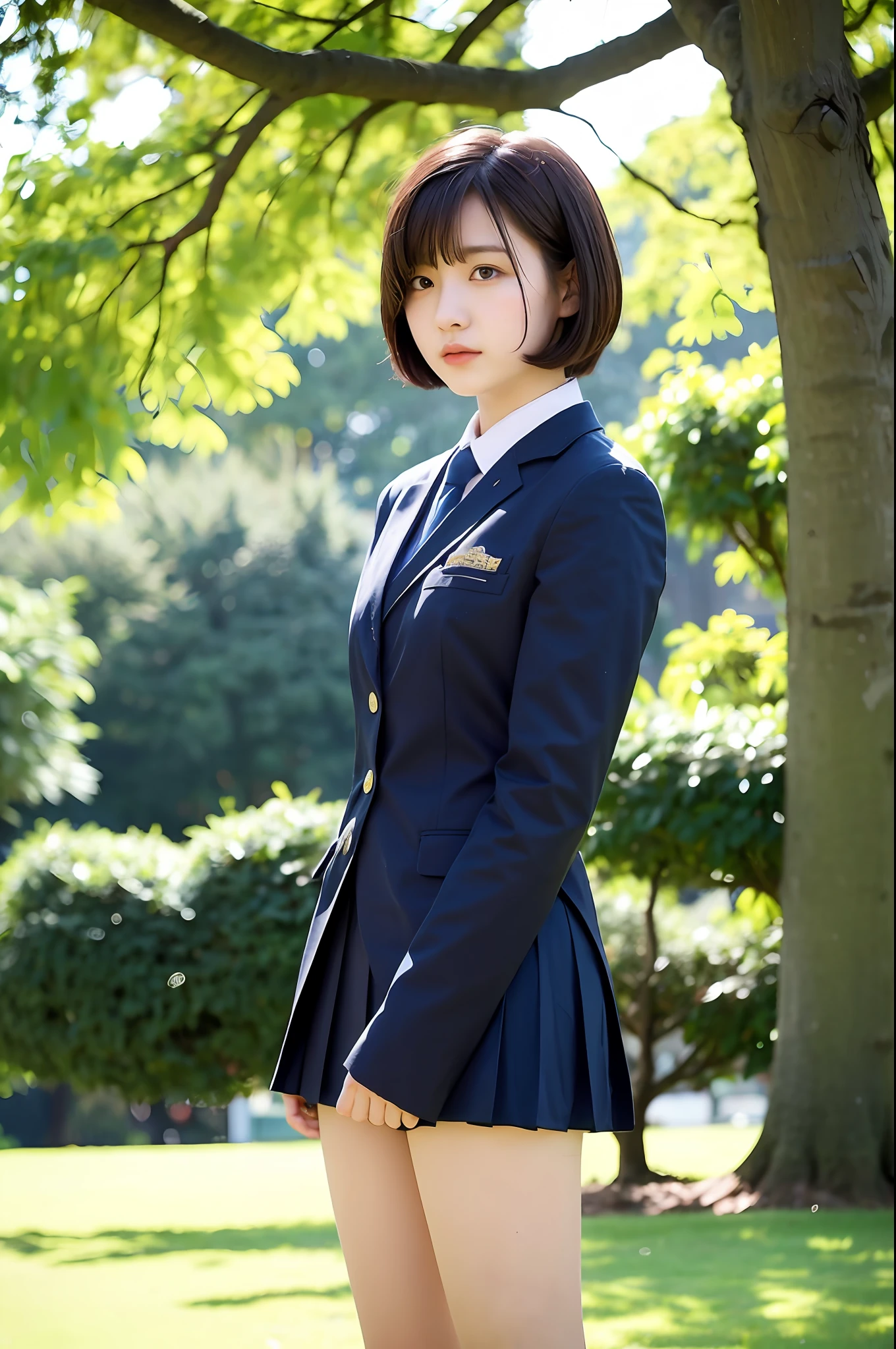 A girl with short hair, wearing a school uniform, standing hunched over next to a large tree, fair-skinned and in perfect shape. HD, a masterpiece