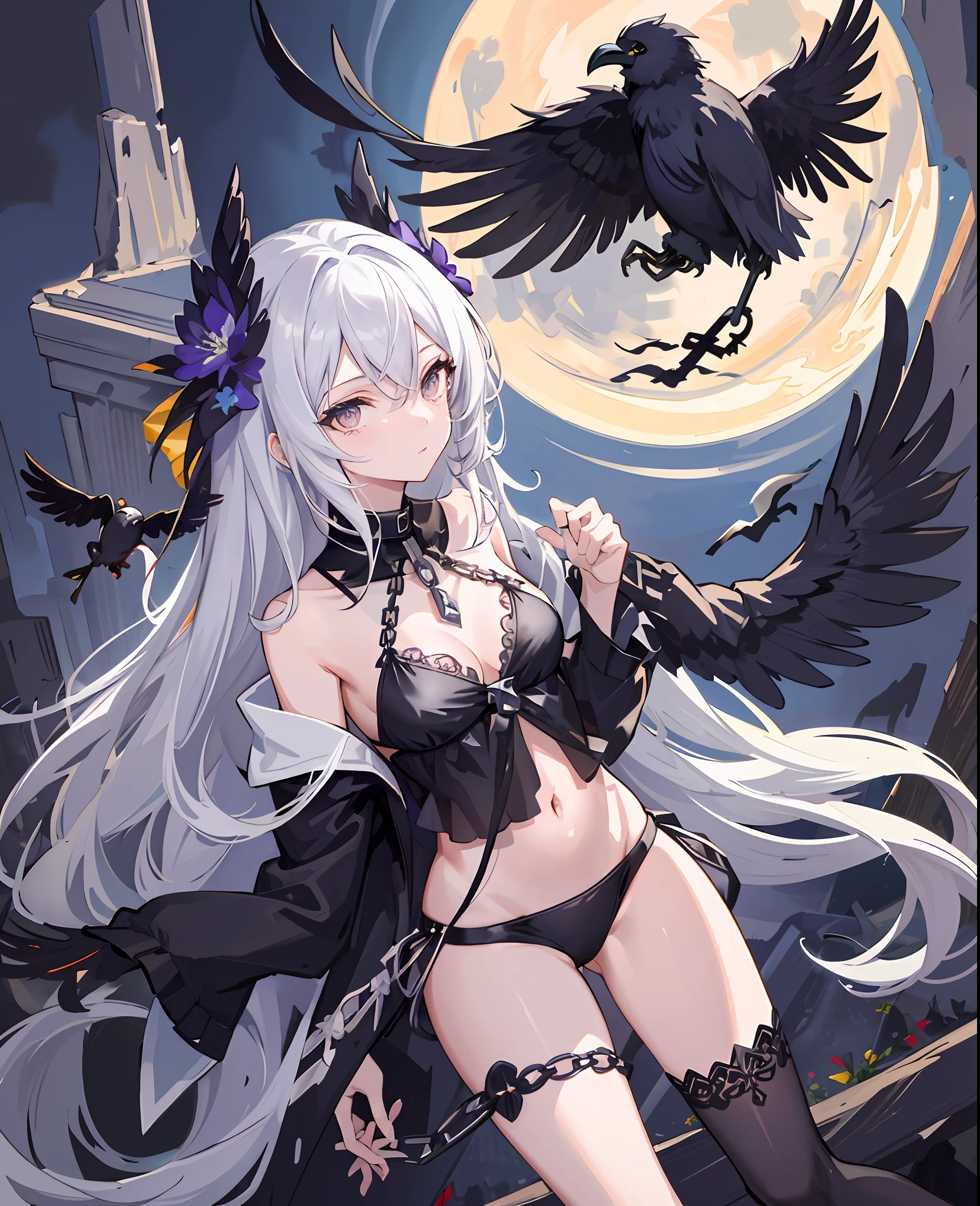 (masterpiece), (best quality), omnipotence, full moon, (black leg decoration), 1girl, (crow), white chain, ruins, 1gir, flower, flower, flower, floud_moon, (crow)), chain, ruins, 1gir, in flower, black_bikini, 1 girl in lace, belly button,