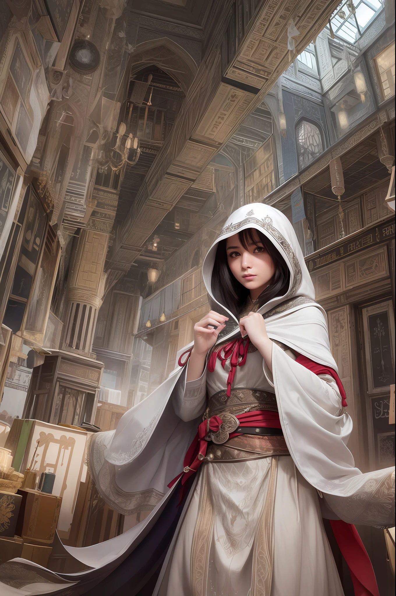 Create a stunning Assassin’s Creed Concept Art piece in the style of ultra-realistic, ultra-detailed visuals. Depict a young and graceful girl wearing traditional Persian clothing, complete with a hood, as she navigates through the vibrant bazaar of a bustling Persian town. Capture the intricate details of the architecture, the rich textures of the fabrics, and the vivid colors of the market stalls, transporting viewers to a vivid and immersive world