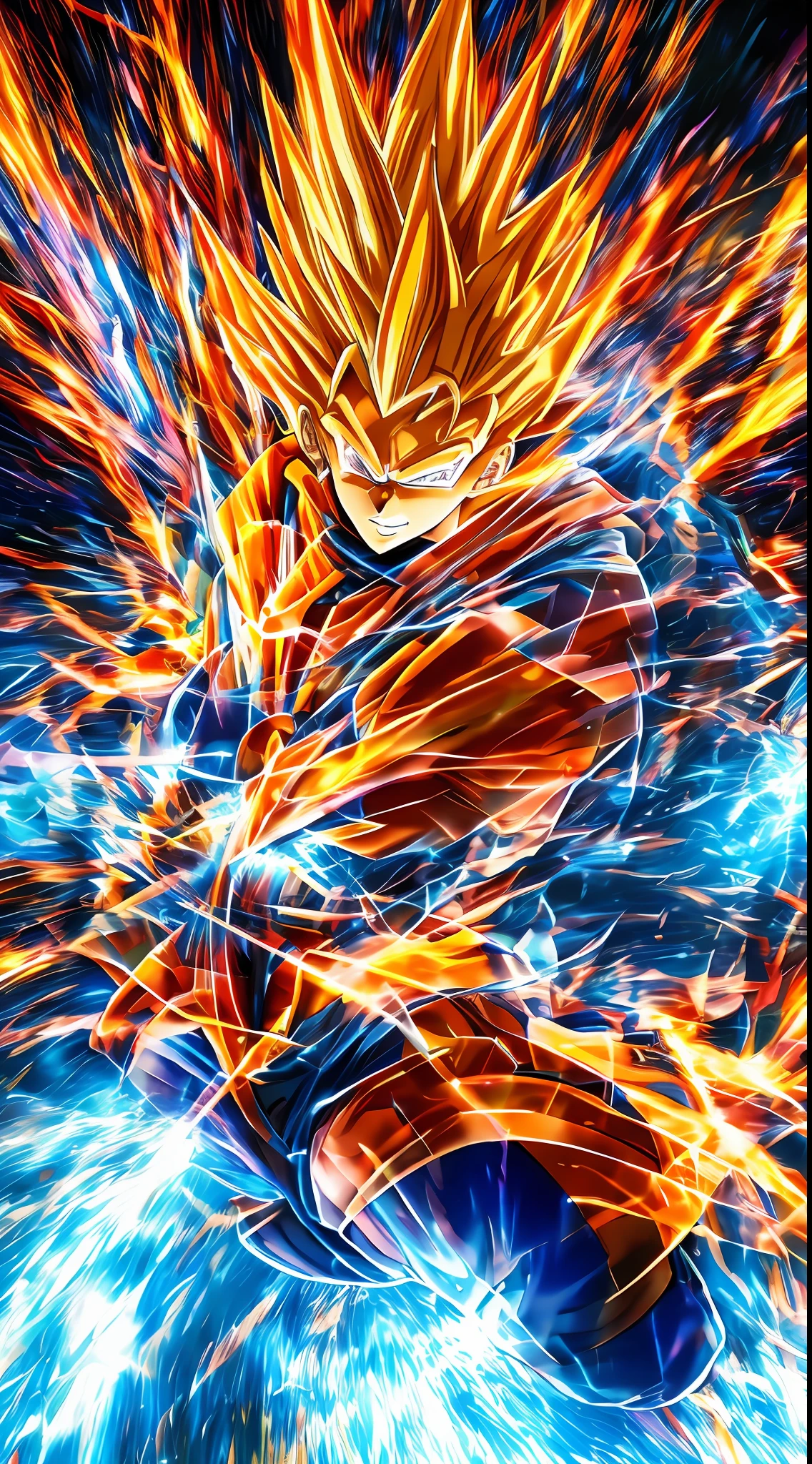 "Dragon Ball" + "Translucent Holographic Projection into the World of 2023", abstract, dreamy, Super Saiyan Vegeta, digital grid effects, complex environments, distortions, drawn by Katsuhiro Otomo, Akira Toriyama and Tetsuya Nomura, "perfect shadows", cinematic lighting, depth of field, Vray, volume lighting, center shot, dynamic pose, post Production, Professional Color Grading --auto --s2