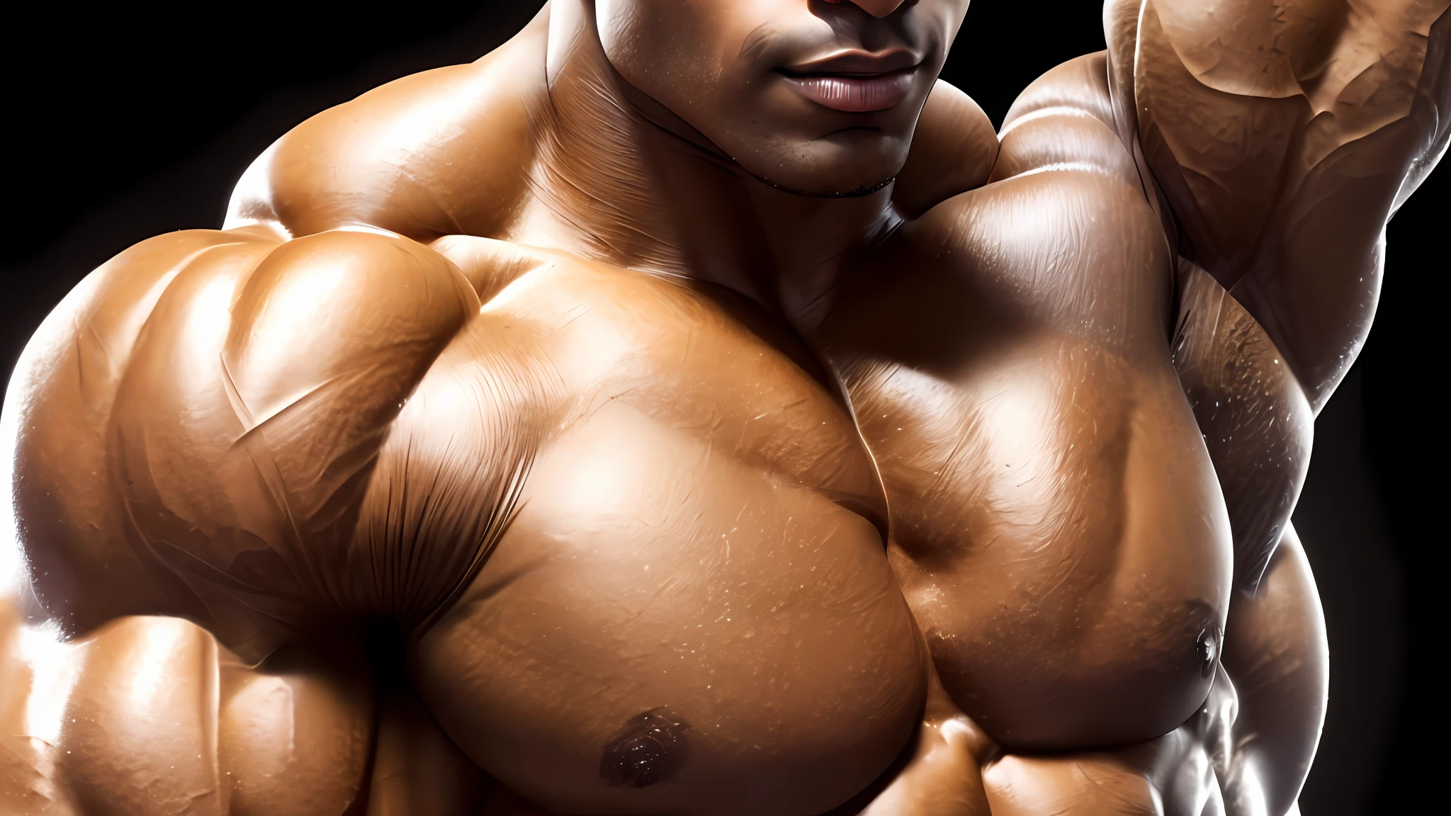Macybodybuilder, muscular, super strong, (upper body selfie, happy)), masterpiece, best quality, super detailed, solo, gym, simulation style (see audience: 1.2) (skin texture) (film grain: 1.3), (warm tone, warm tone) :1.2), close up, cinematic light, side light, super high resolution, best shadow, RAW, upper body