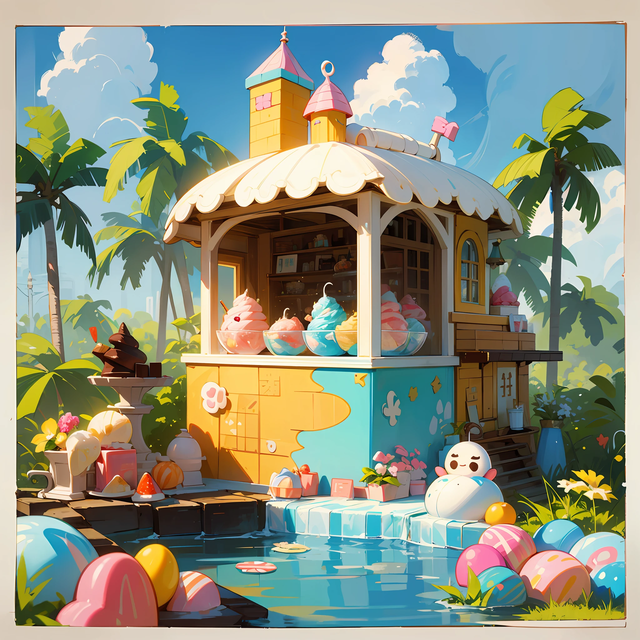 On a sunny day, there is an island in the vast sea, there is a candy house composed of ice cream, cream, chocolate, biscuits, and lollipops, the painting style is fresh and sweet, Morandi color, there is a small garden full of strawberry aroma, there is a chocolate fountain in the garden, 4K high quality, realistic cartoon, mysterious, high detail, the overall brighter --auto --s2