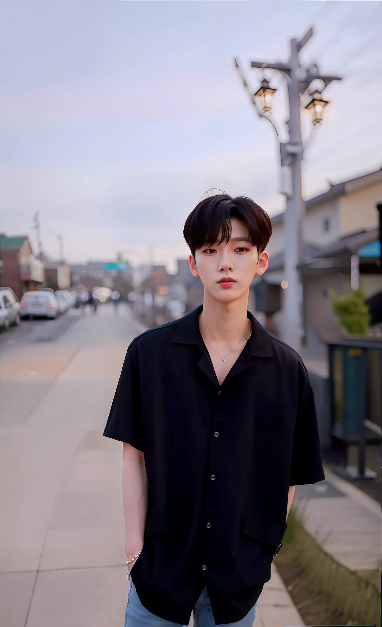 there is a man standing on the sidewalk with his hands in his pockets, kim doyoung, with short hair, male ulzzang, thawan duchanee, inspired by jeonseok lee, from 8 k matte, hyung tae, headshot profile picture, smooth in _ the background, profile pic, nivanh chanthara, high quality portrait