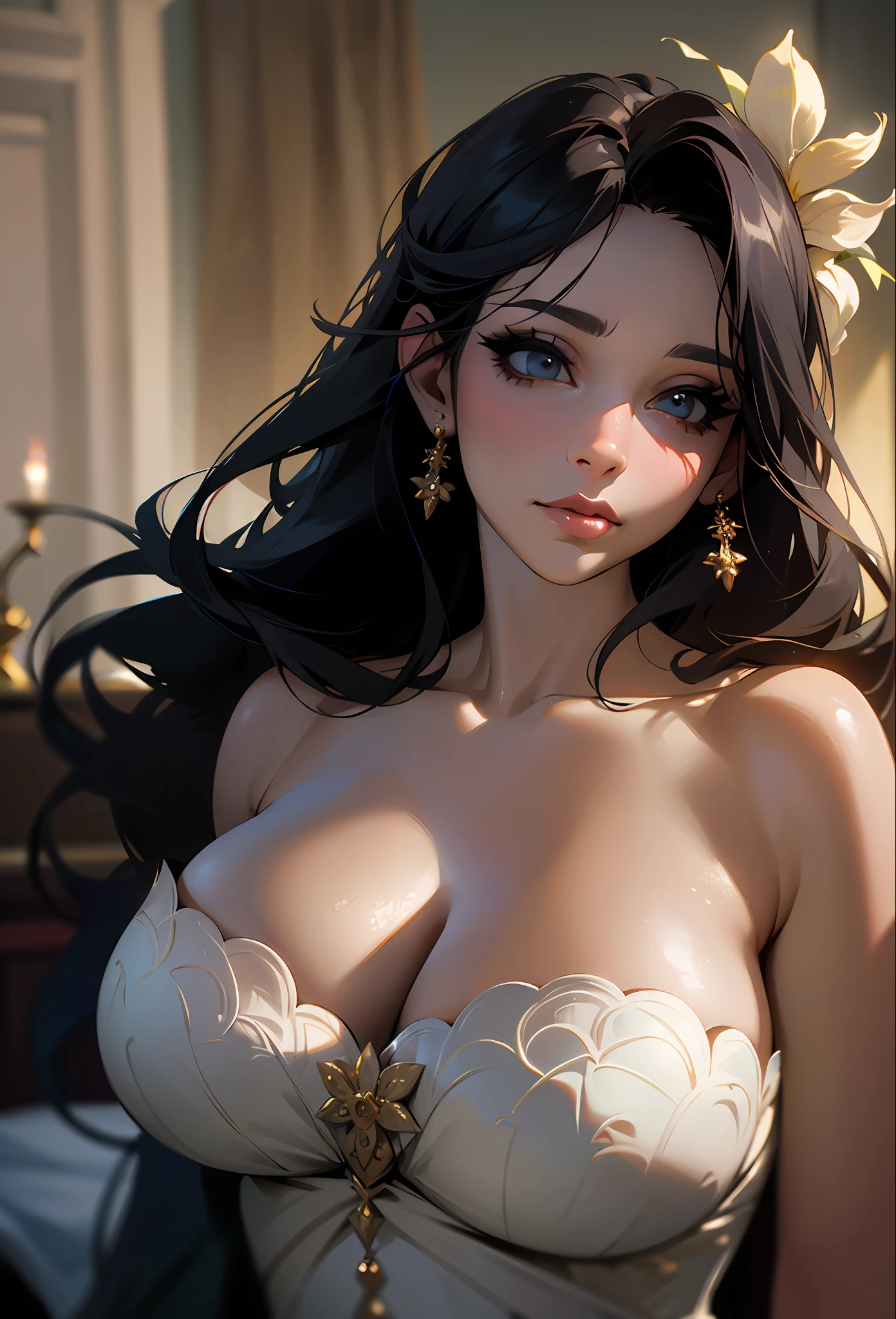16K, absurdres, HDR, indoor lighting, best quality, masterpiece, beautiful mature woman, professiinal makeup, attractive, wedding photoshoot, sexy wedding dress, big breasts, cleavage, long hair, realistitc skin, intricate, highly detailed, flowers, bedroom, soft lighting,