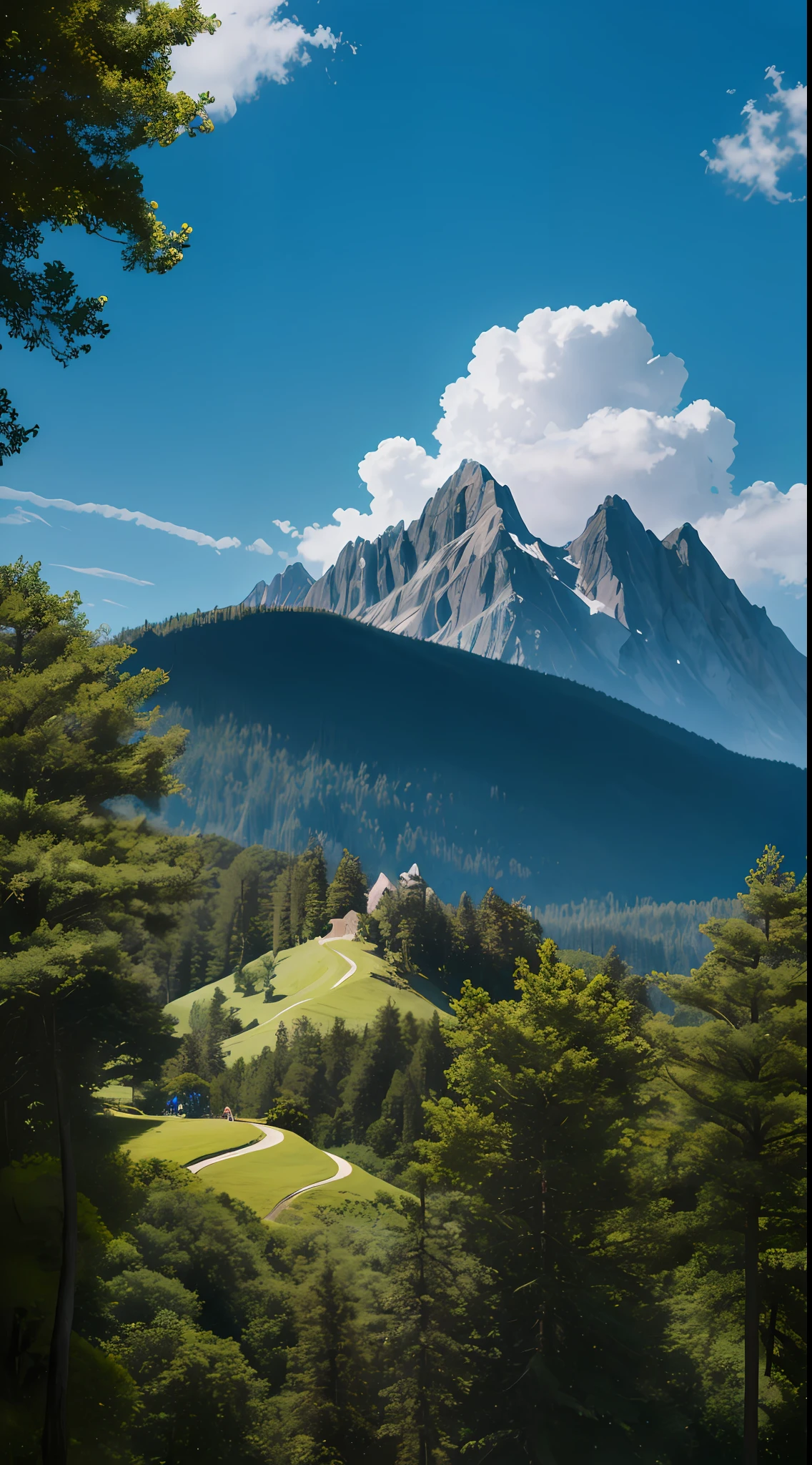 Mountain climber, big clouds, blue sky, forest, hillside, secluded, rural, HD detail, hyperdetail, cinematic, surrealism, soft light, deep field focus bokeh, ray tracing and surrealism. --v6