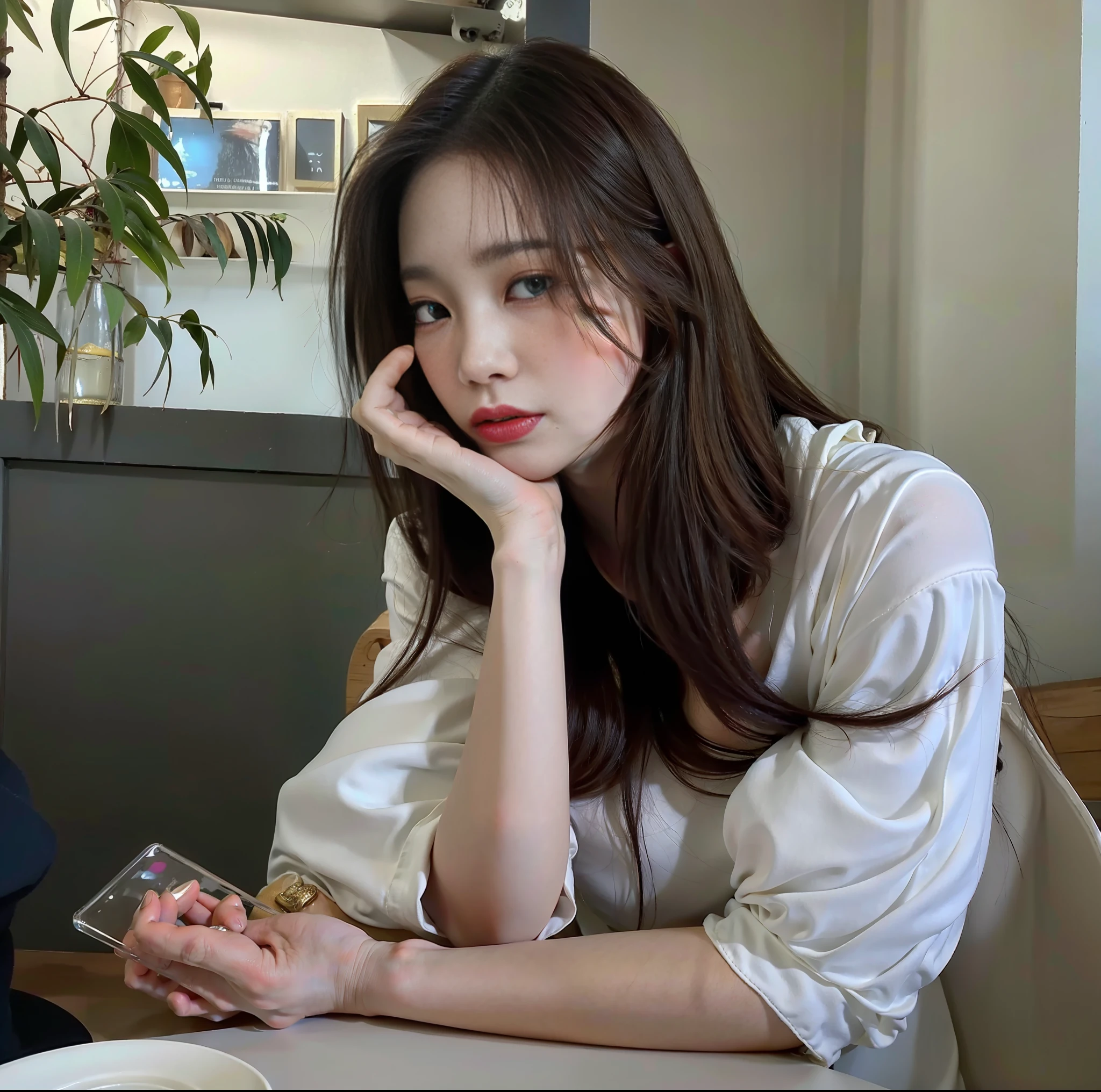 Woman sitting at table holding plate of food, beautiful korean woman, gorgeous young korean woman, beautiful young korean woman, korean female actress, korean girl, highly detailed face and skin texture, highly detailed face, very detailed eyes, very detailed skin, very detailed fingers, very detailed nose, very beautiful nose muscles, small and beautiful nose, very detailed detailed mouth, very detailed clothing, perfect anatomy, Highly detailed background, detailed black eyes, seductive 20-year-old Korean beauty, one black dot at the bottom left of the lip