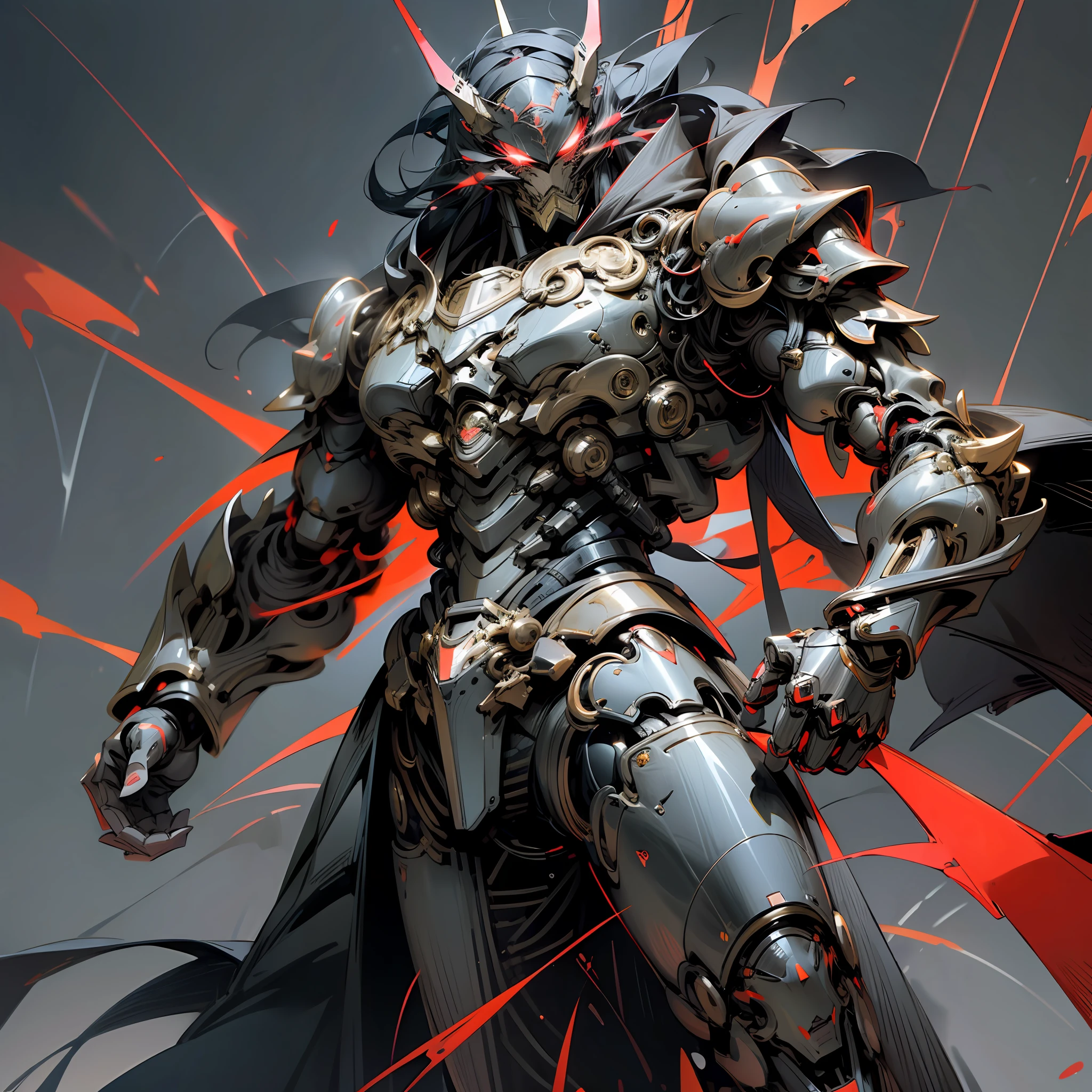 (Masterpiece, best quality:1.2),Male,Anime king,king of shadows, mechanical body,king of the void,commanding the power of darkness, jet black armour,red outlines, wearing a torn black cape, mechanical armour, mechanical marvel,highest quality digital art, Stunning art, wallpaper 4k,8k,64k, HD, unparalleled masterpiece, dynamic lighting, cinematic, epic